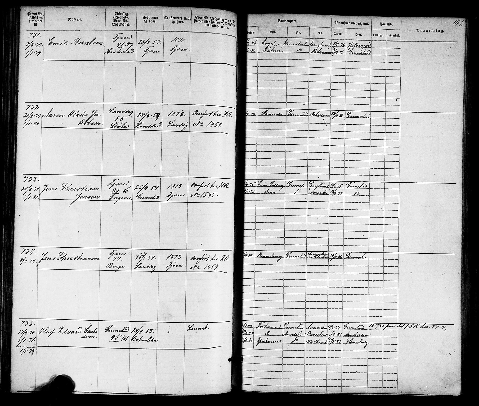 Grimstad mønstringskrets, AV/SAK-2031-0013/F/Fa/L0005: Annotasjonsrulle nr 1-1910 med register, V-18, 1870-1892, p. 174