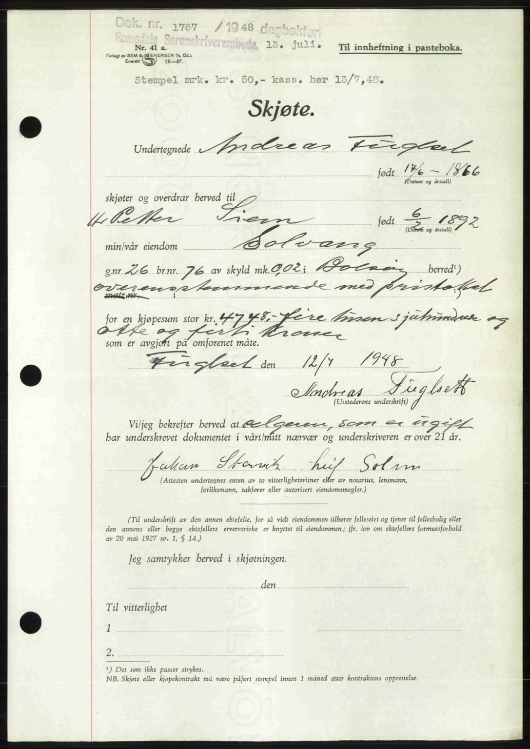 Romsdal sorenskriveri, AV/SAT-A-4149/1/2/2C: Mortgage book no. A26, 1948-1948, Diary no: : 1767/1948