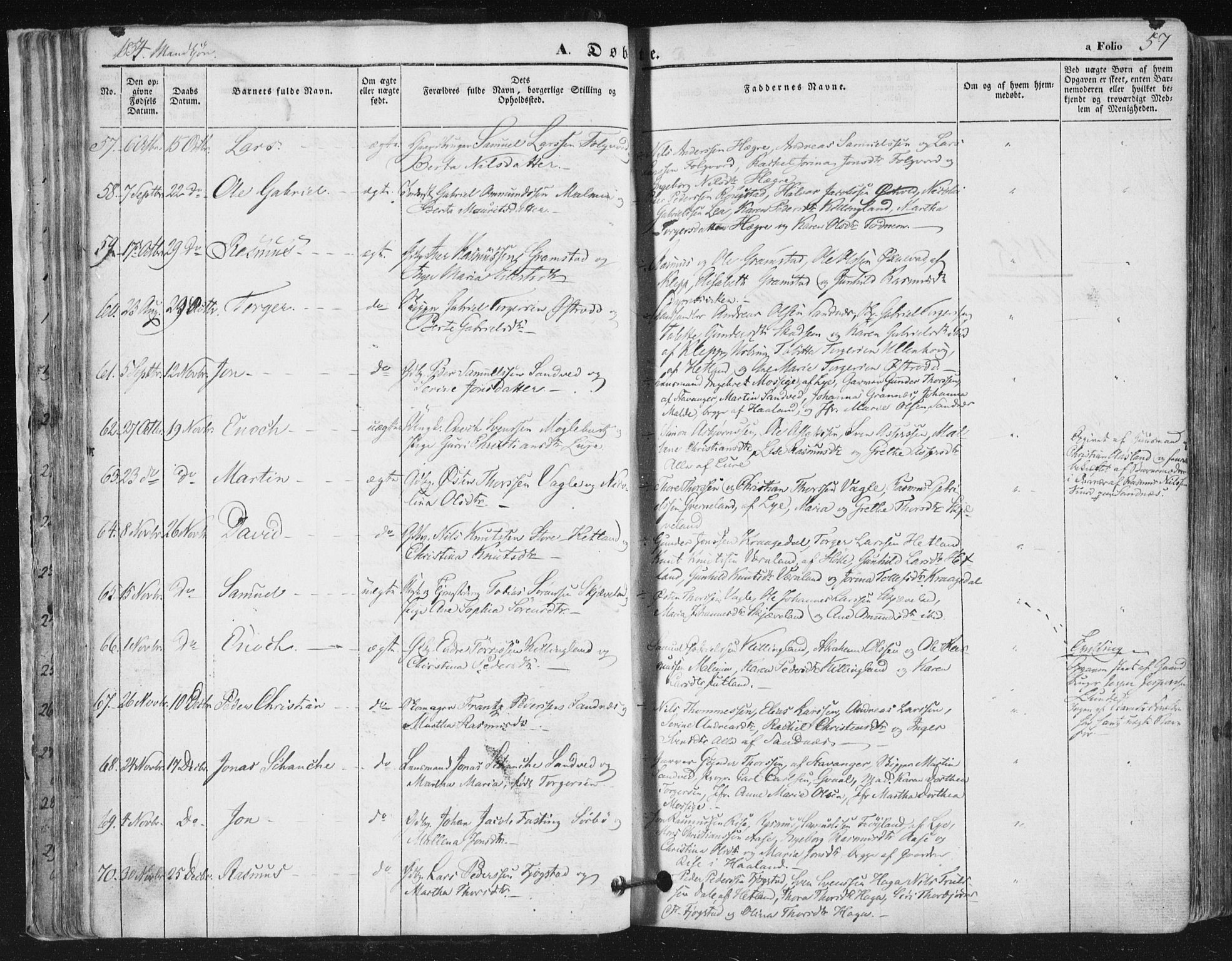 Høyland sokneprestkontor, AV/SAST-A-101799/001/30BA/L0008: Parish register (official) no. A 8, 1841-1856, p. 57