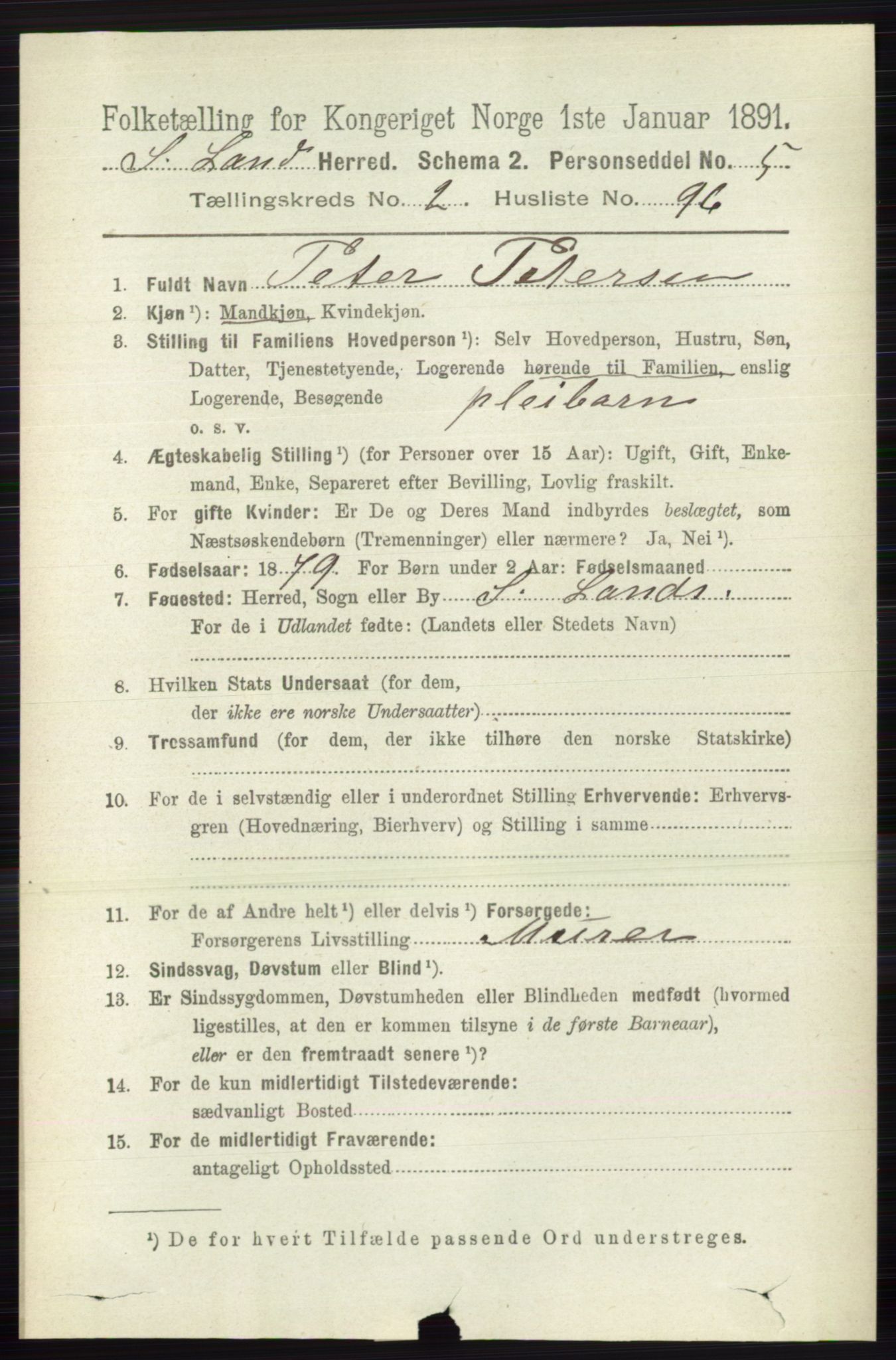 RA, 1891 census for 0536 Søndre Land, 1891, p. 1611