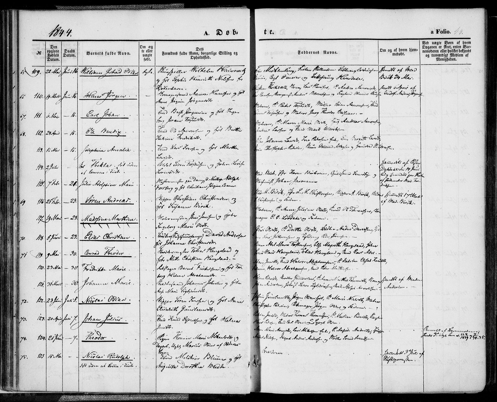 Kristiansand domprosti, AV/SAK-1112-0006/F/Fa/L0013: Parish register (official) no. A 13, 1842-1851, p. 44