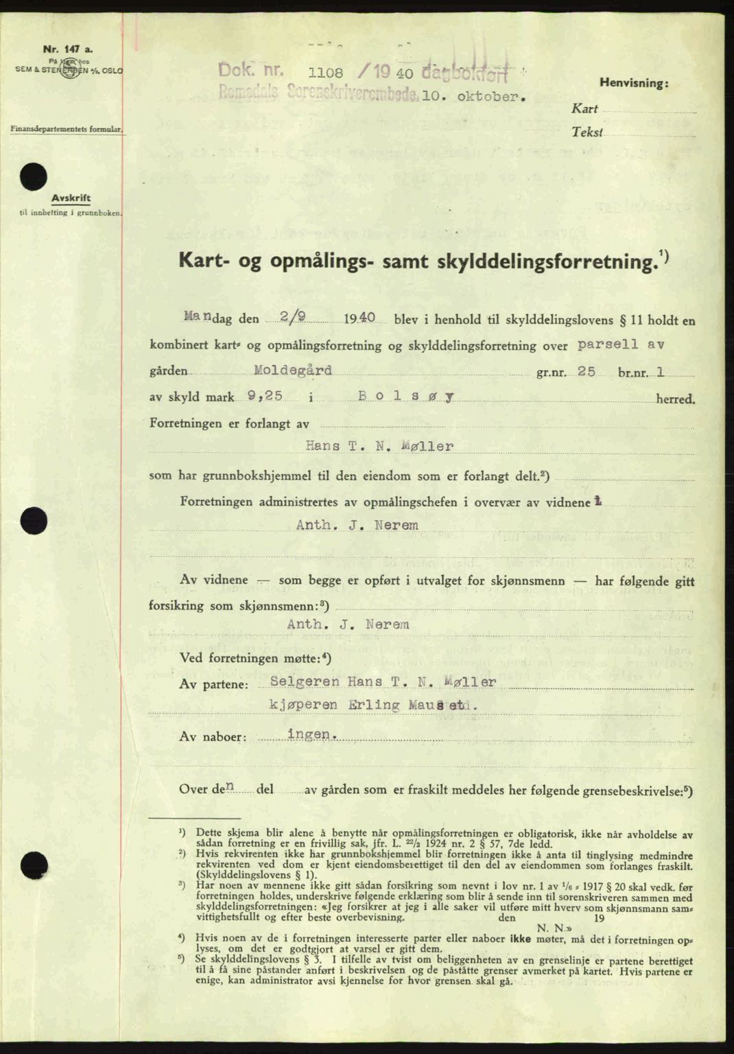 Romsdal sorenskriveri, AV/SAT-A-4149/1/2/2C: Mortgage book no. A8, 1939-1940, Diary no: : 1108/1940