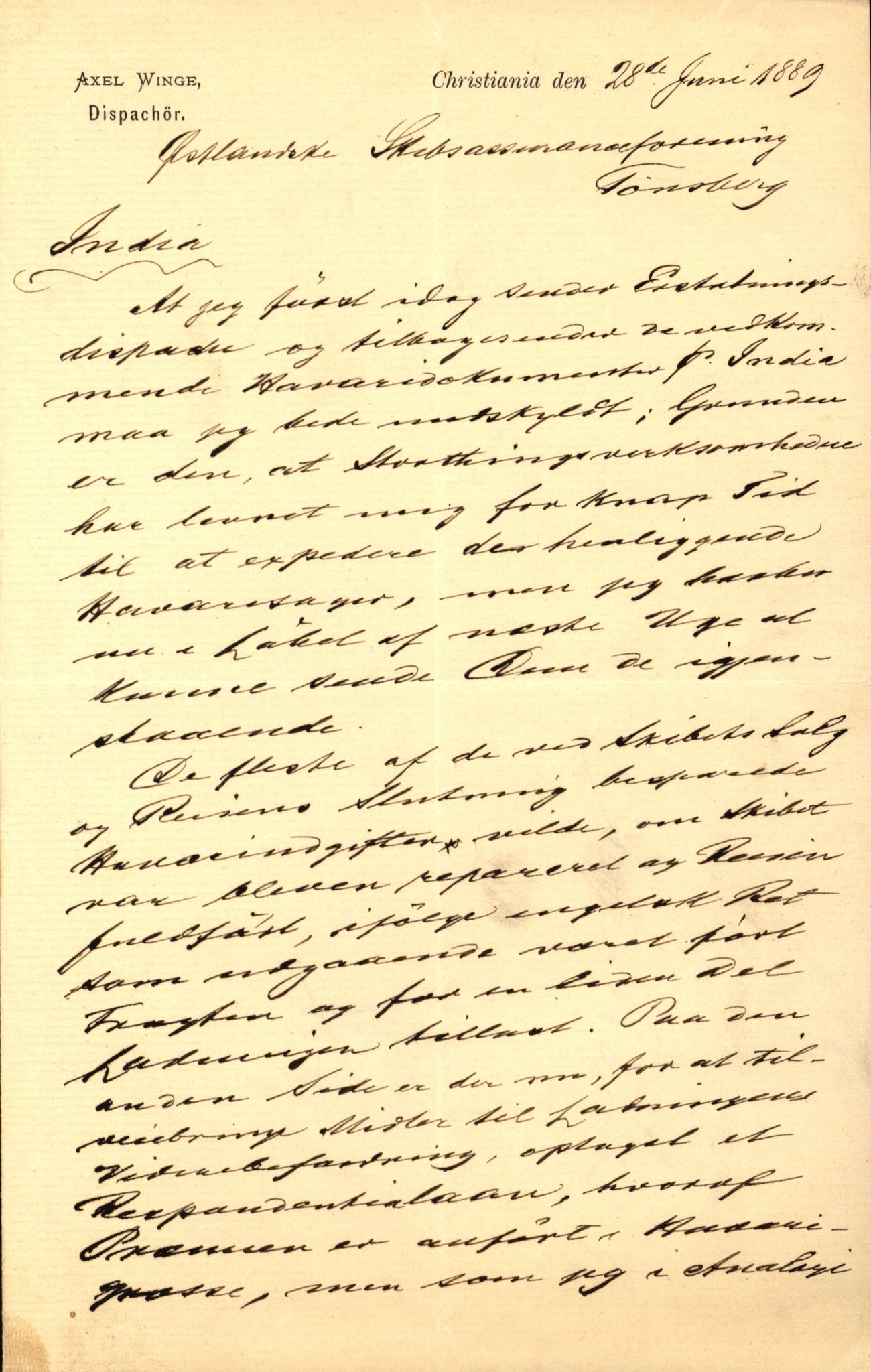 Pa 63 - Østlandske skibsassuranceforening, VEMU/A-1079/G/Ga/L0021/0004: Havaridokumenter / India, Jacbez, Jarlsberg, Kong Carl, Josephine, 1888, p. 2