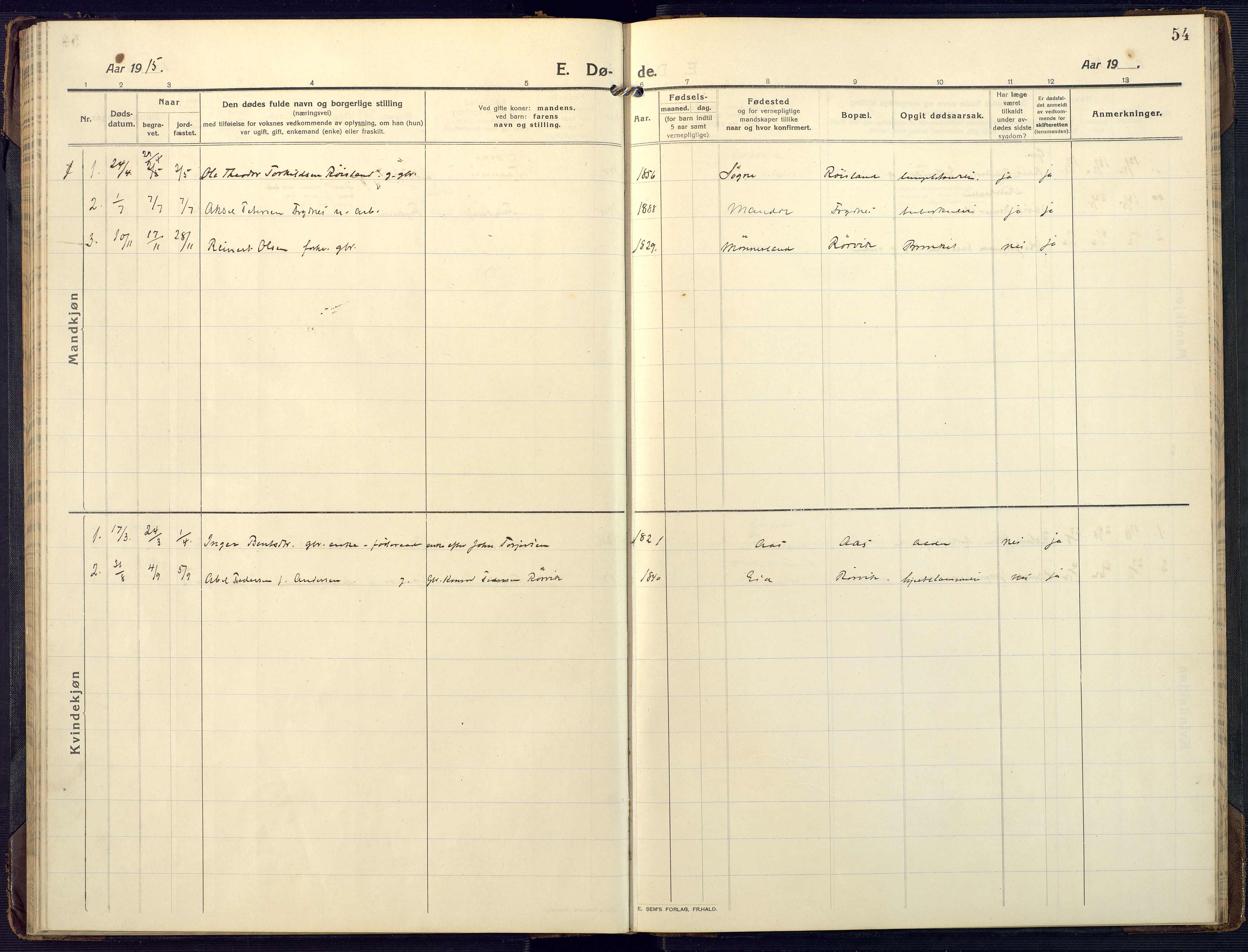 Mandal sokneprestkontor, SAK/1111-0030/F/Fa/Fab/L0003: Parish register (official) no. A 3, 1913-1933, p. 54