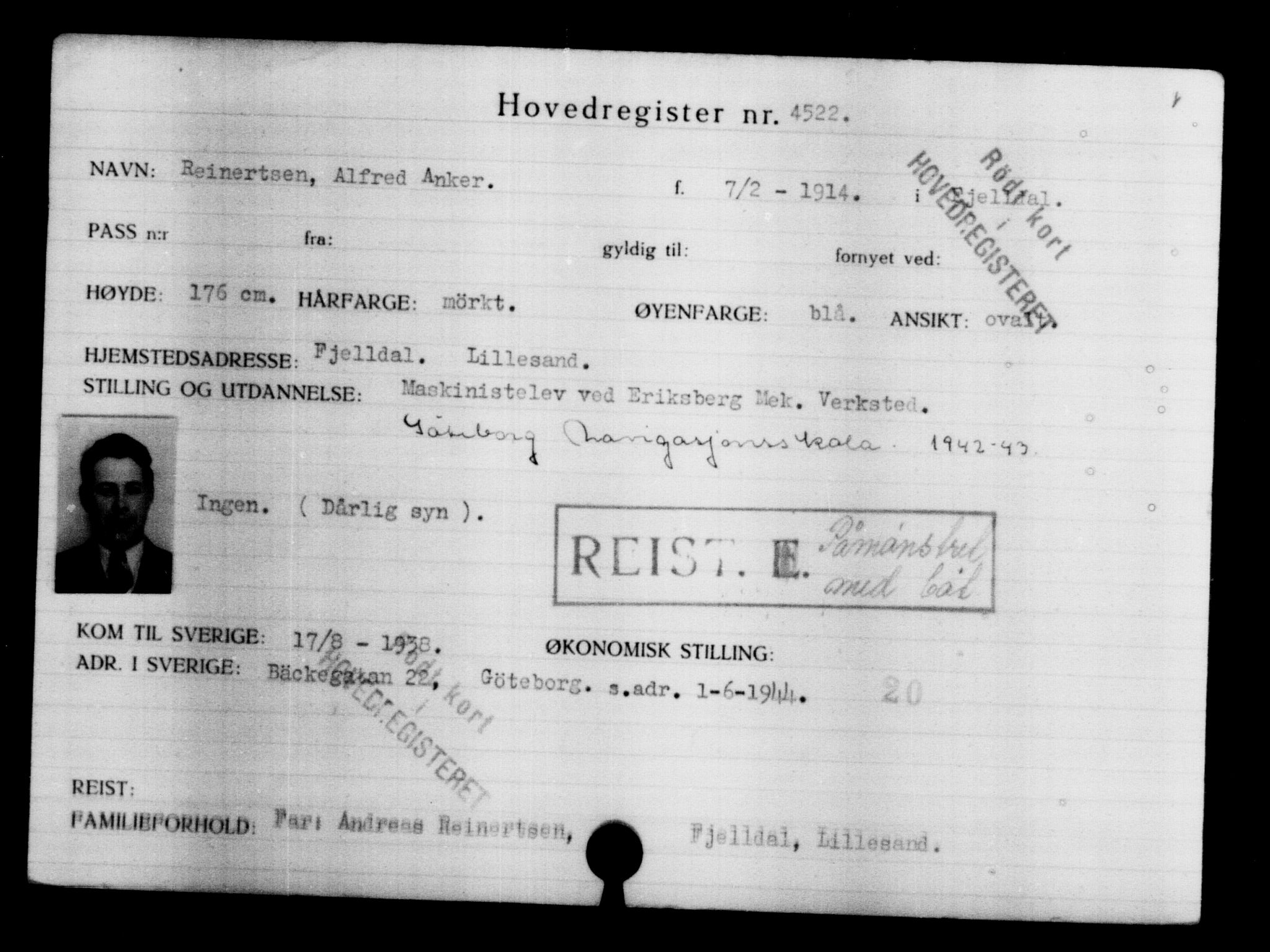 Utenriksstasjonene, Legasjonen i Stockholm, Flyktningkontoret, AV/RA-S-6753/V/Va/L0004: Kjesäterkartoteket, flyktninger med registreringsnr. 3496-6610, 1940-1945, p. 1229