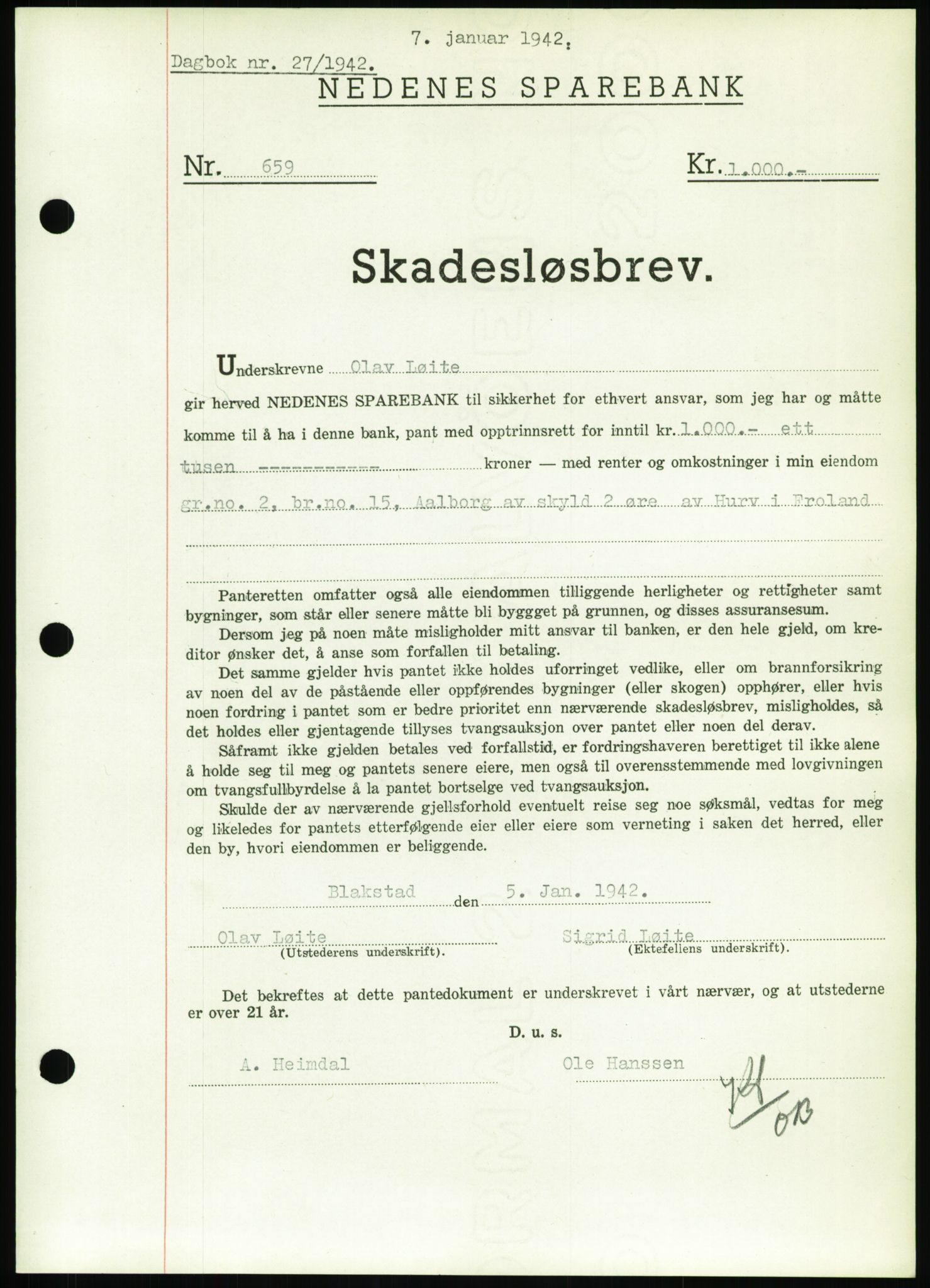 Nedenes sorenskriveri, AV/SAK-1221-0006/G/Gb/Gbb/L0001: Mortgage book no. I, 1939-1942, Diary no: : 27/1942