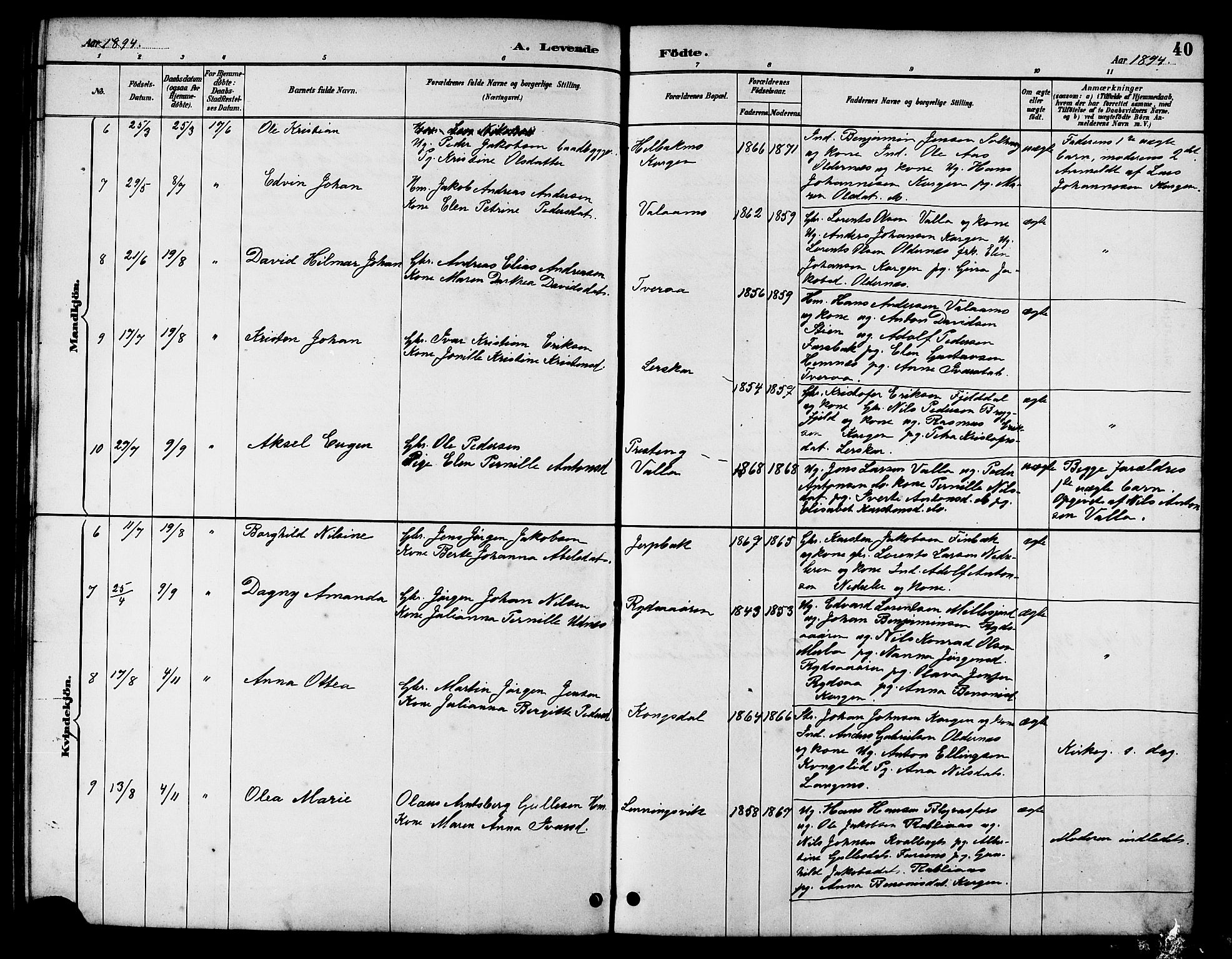 Ministerialprotokoller, klokkerbøker og fødselsregistre - Nordland, AV/SAT-A-1459/826/L0383: Parish register (copy) no. 826C03, 1887-1896, p. 40