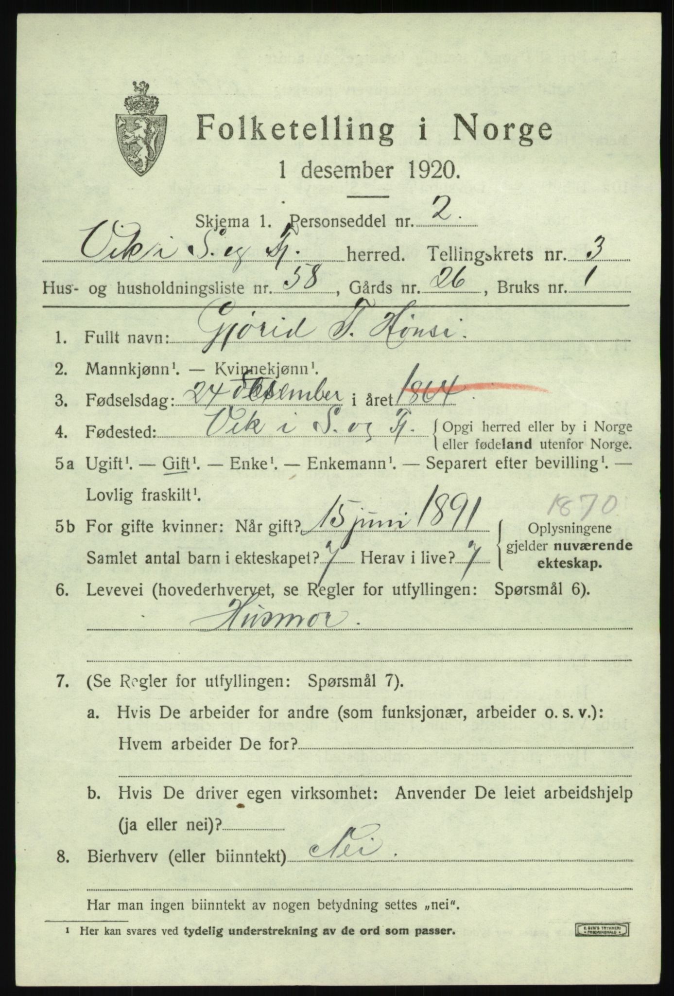 SAB, 1920 census for Vik, 1920, p. 3195