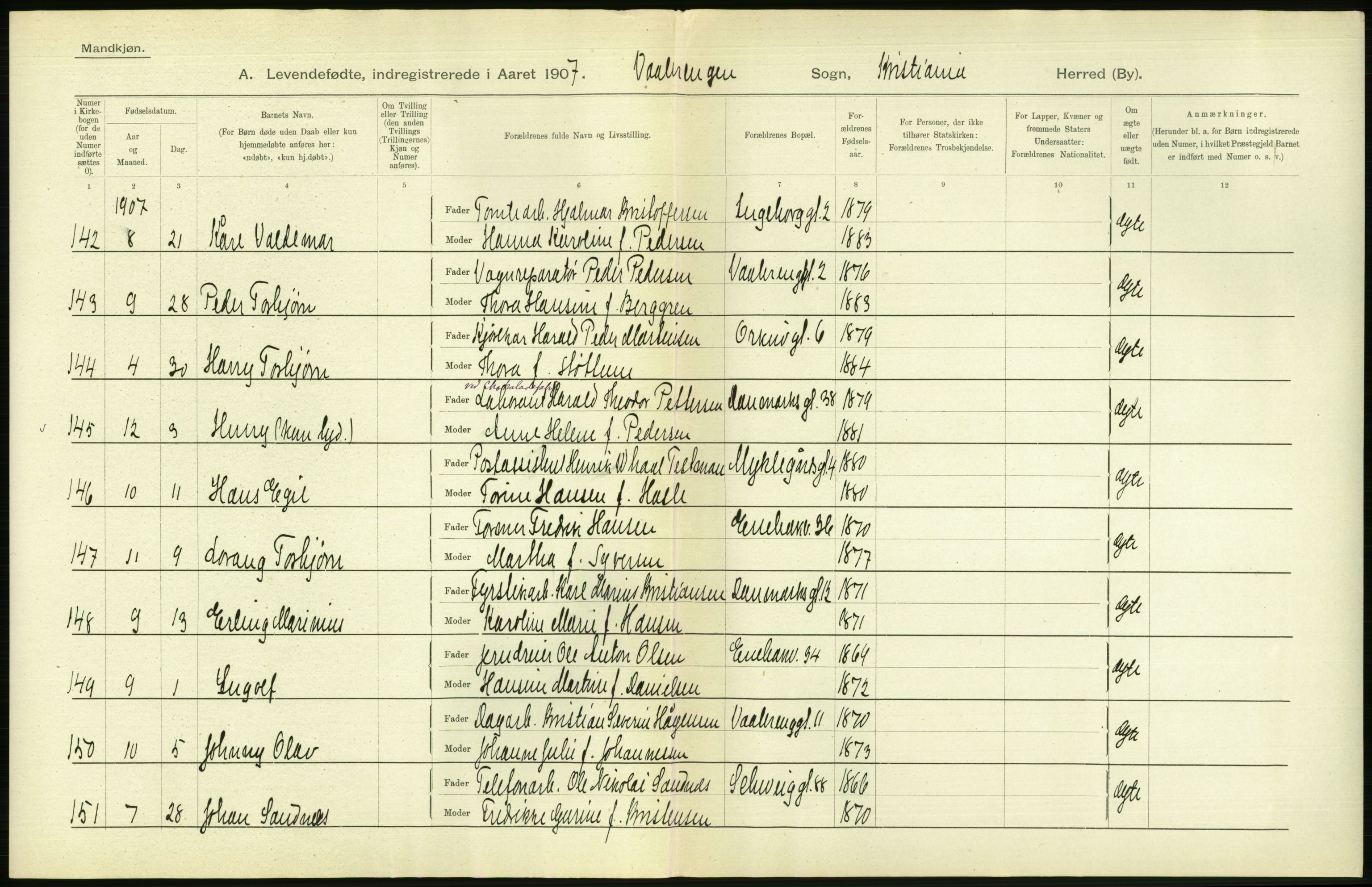 Statistisk sentralbyrå, Sosiodemografiske emner, Befolkning, AV/RA-S-2228/D/Df/Dfa/Dfae/L0007: Kristiania: Levendefødte menn og kvinner., 1907, p. 584