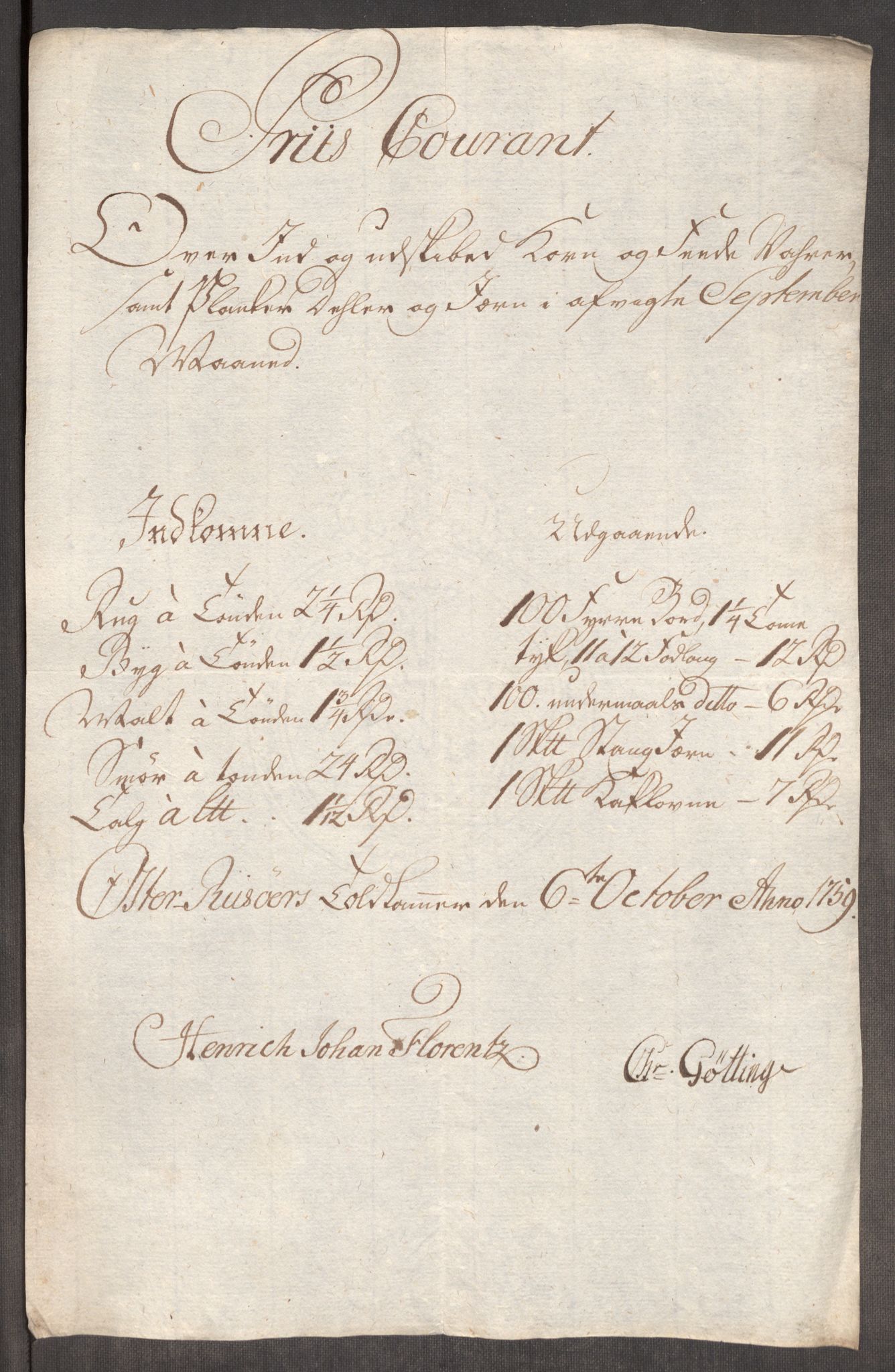 Rentekammeret inntil 1814, Realistisk ordnet avdeling, RA/EA-4070/Oe/L0006: [Ø1]: Priskuranter, 1758-1760, p. 581