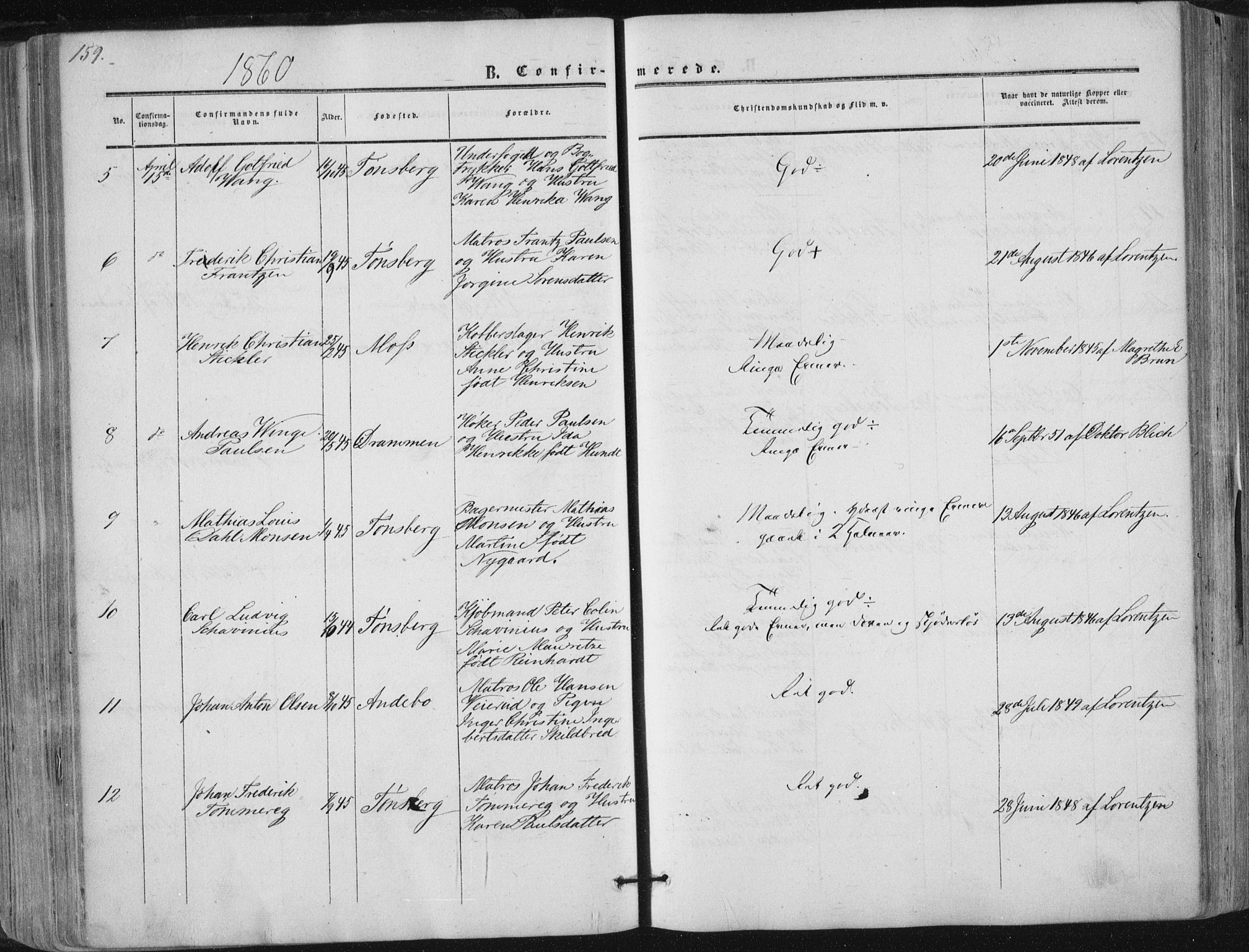 Tønsberg kirkebøker, AV/SAKO-A-330/F/Fa/L0008: Parish register (official) no. I 8, 1855-1864, p. 159