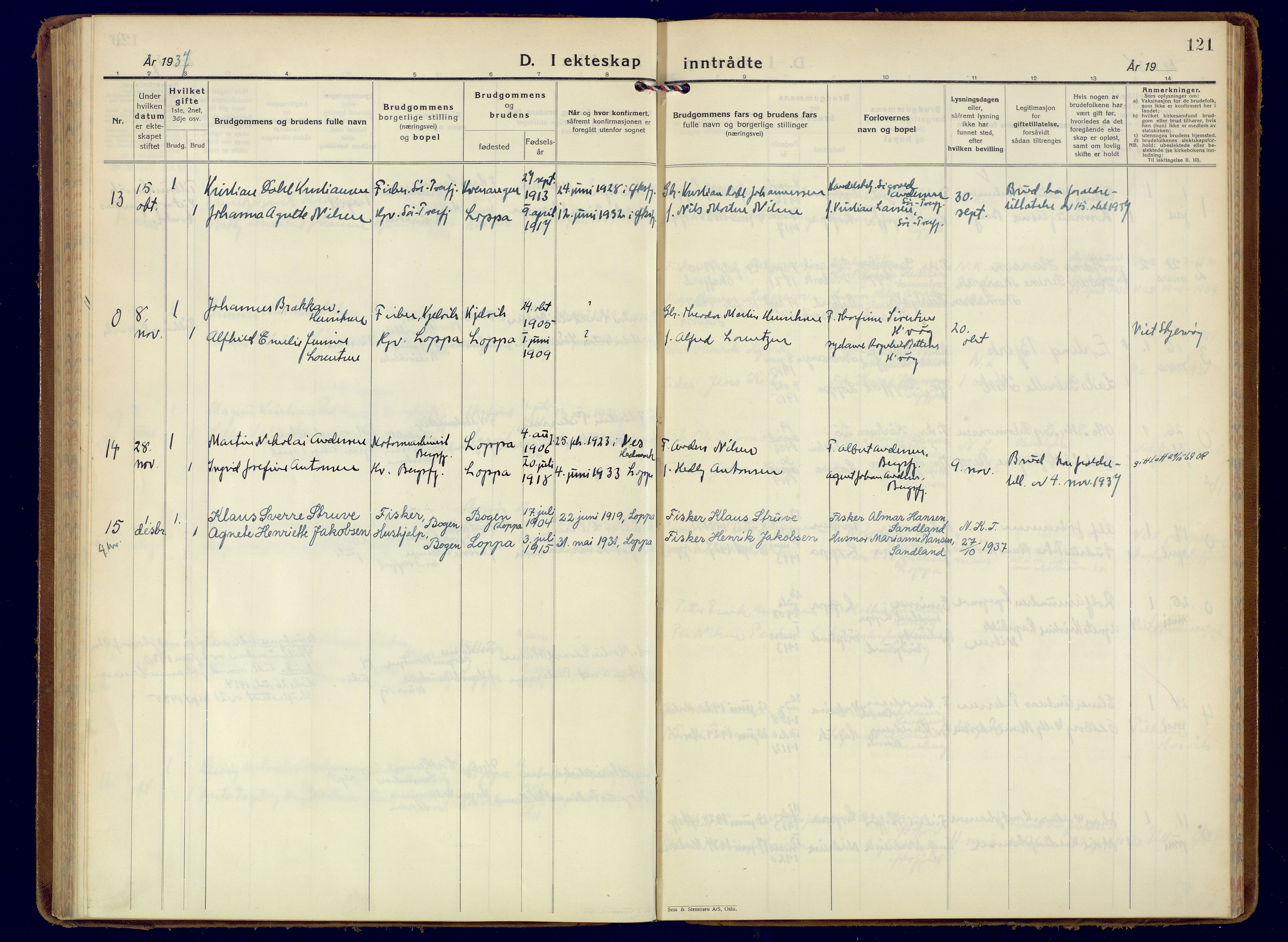 Loppa sokneprestkontor, AV/SATØ-S-1339/H/Ha/L0014kirke: Parish register (official) no. 14, 1933-1942, p. 121