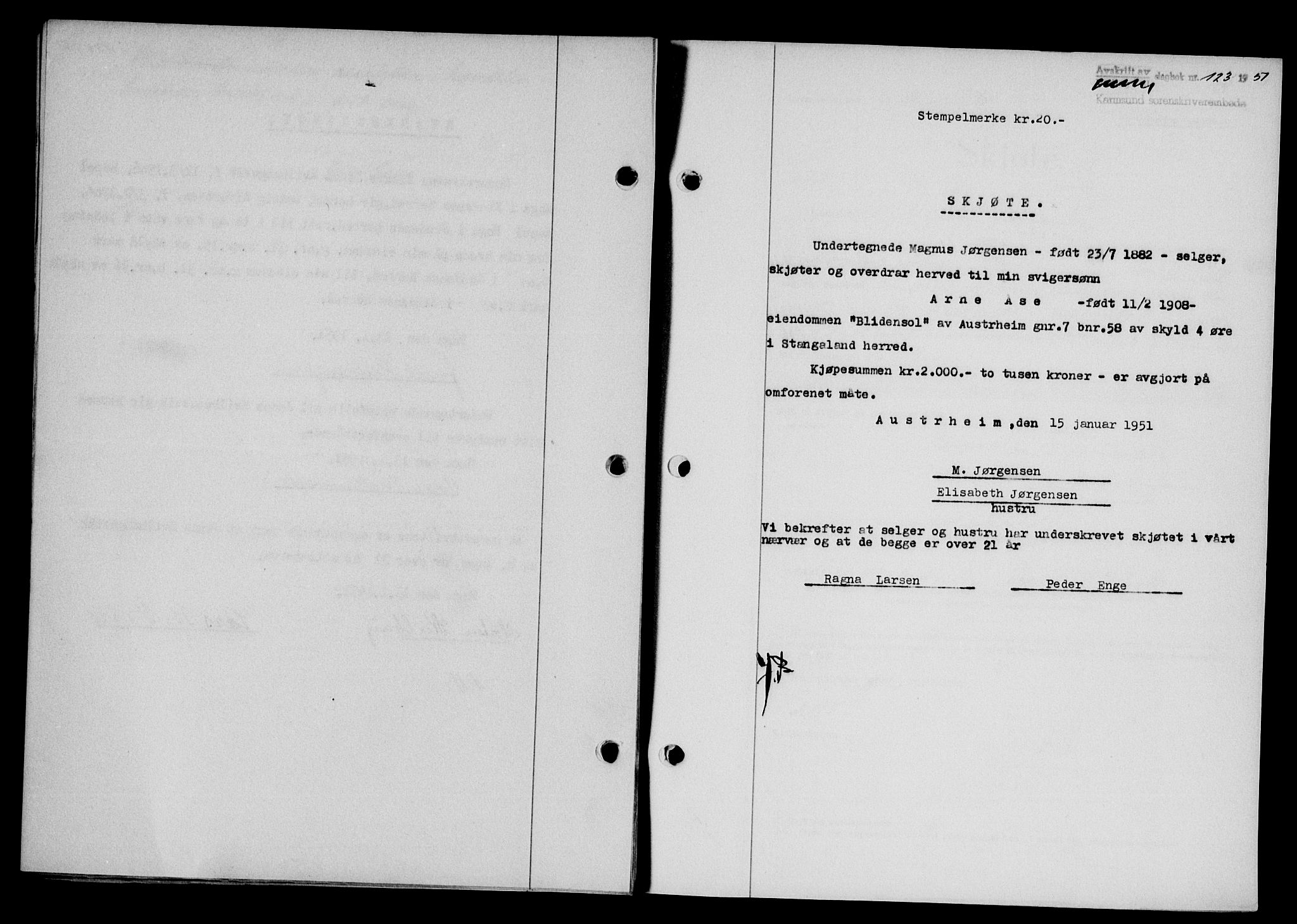 Karmsund sorenskriveri, SAST/A-100311/01/II/IIB/L0101: Mortgage book no. 81A, 1950-1951, Diary no: : 123/1951