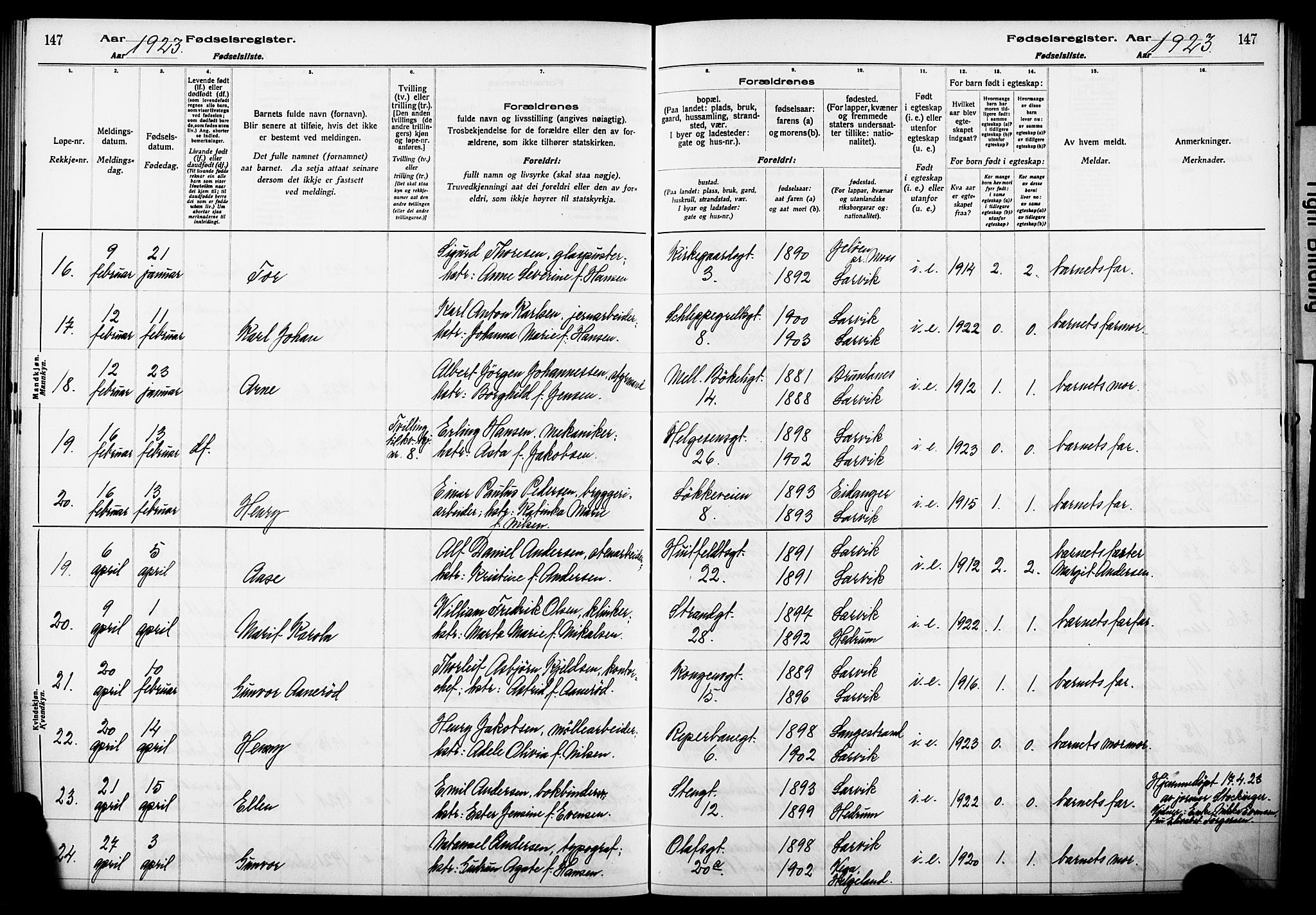 Larvik kirkebøker, AV/SAKO-A-352/J/Ja/L0001: Birth register no. I 1, 1916-1926, p. 147