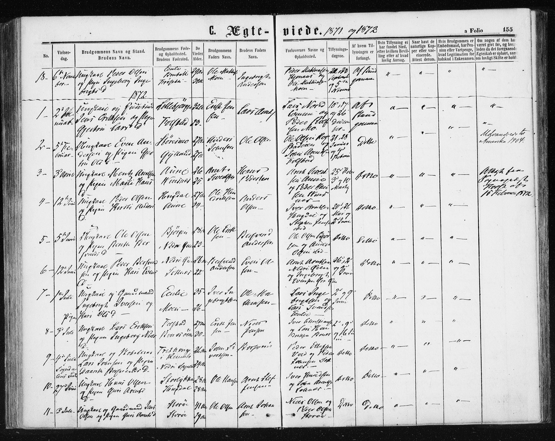 Ministerialprotokoller, klokkerbøker og fødselsregistre - Sør-Trøndelag, SAT/A-1456/687/L1001: Parish register (official) no. 687A07, 1863-1878, p. 155