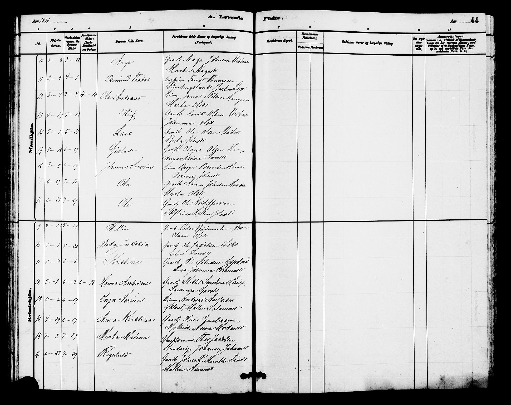 Hjelmeland sokneprestkontor, SAST/A-101843/01/V/L0007: Parish register (copy) no. B 7, 1880-1909, p. 44