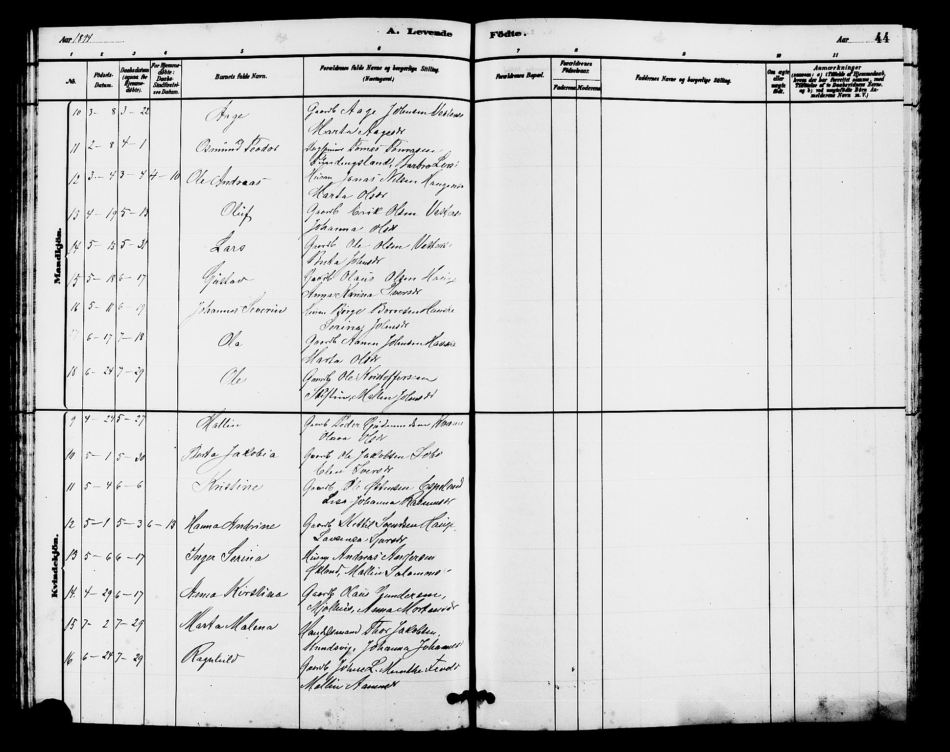 Hjelmeland sokneprestkontor, AV/SAST-A-101843/01/V/L0007: Parish register (copy) no. B 7, 1880-1909, p. 44