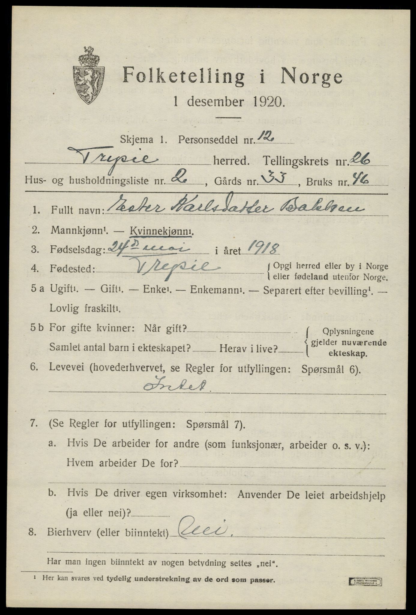 SAH, 1920 census for Trysil, 1920, p. 16139