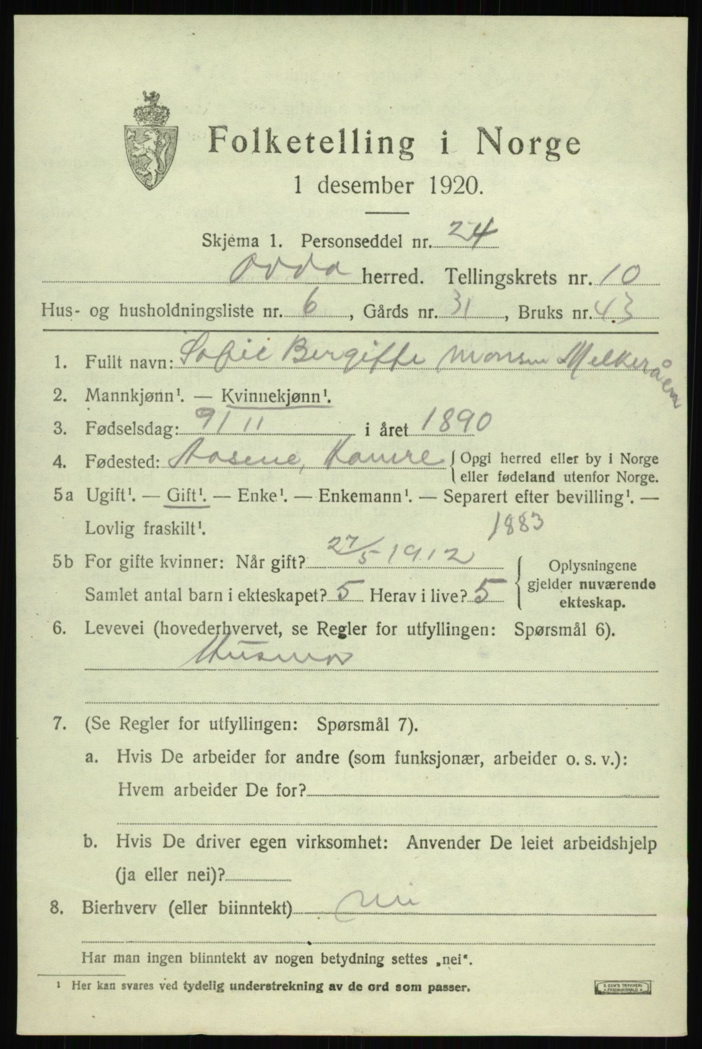 SAB, 1920 census for Odda, 1920, p. 9683