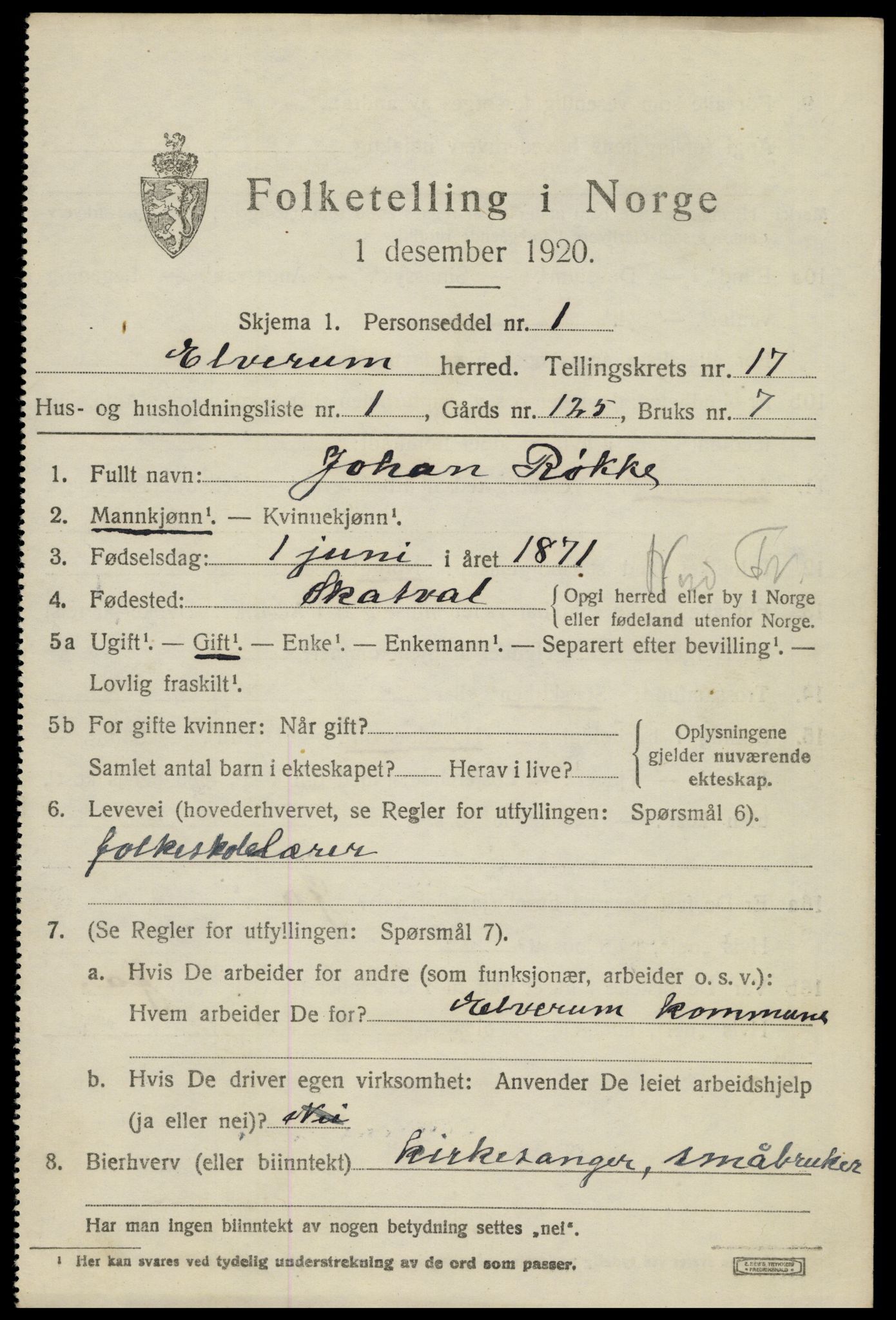 SAH, 1920 census for Elverum, 1920, p. 21282