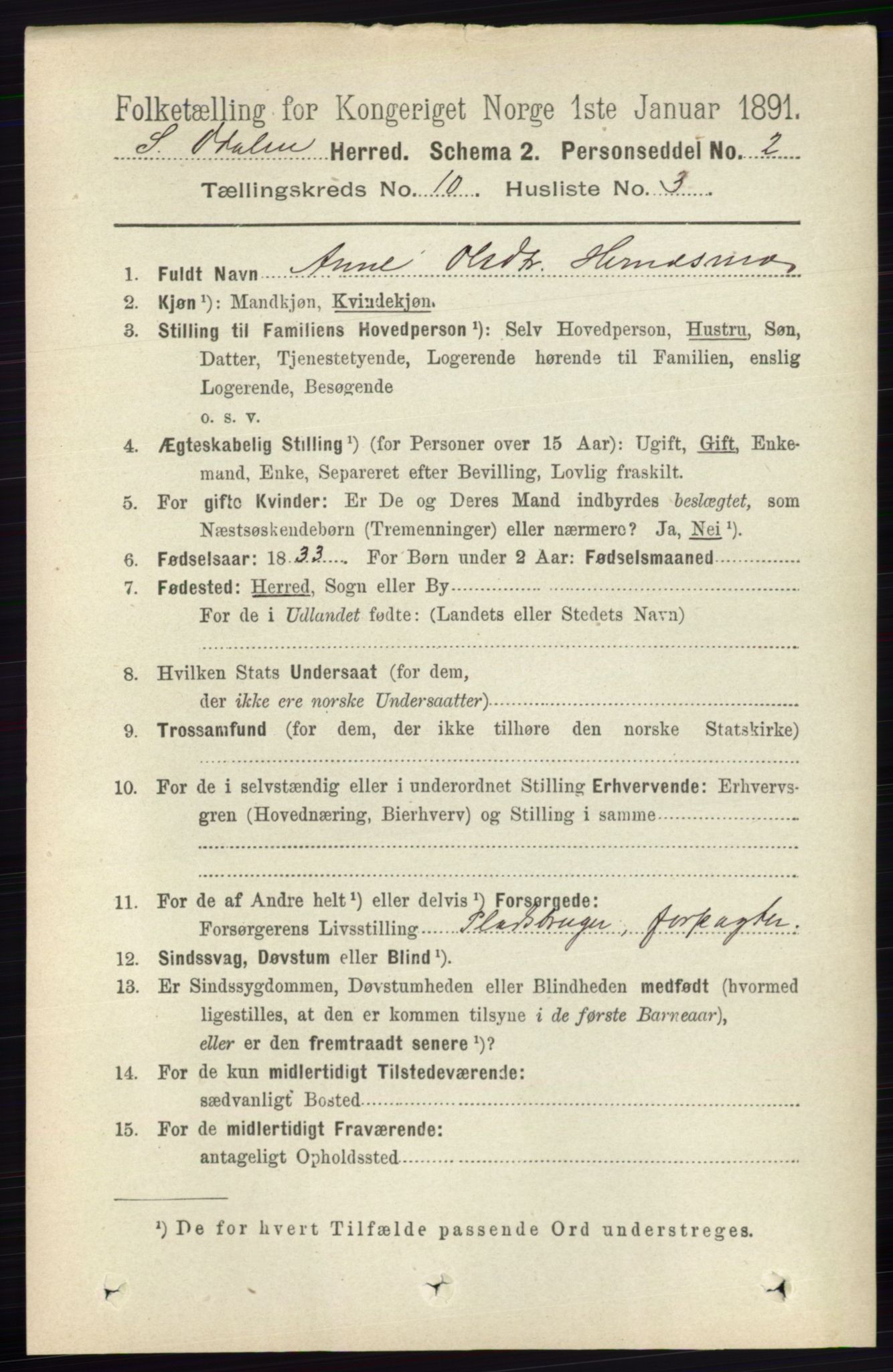 RA, 1891 census for 0419 Sør-Odal, 1891, p. 4375