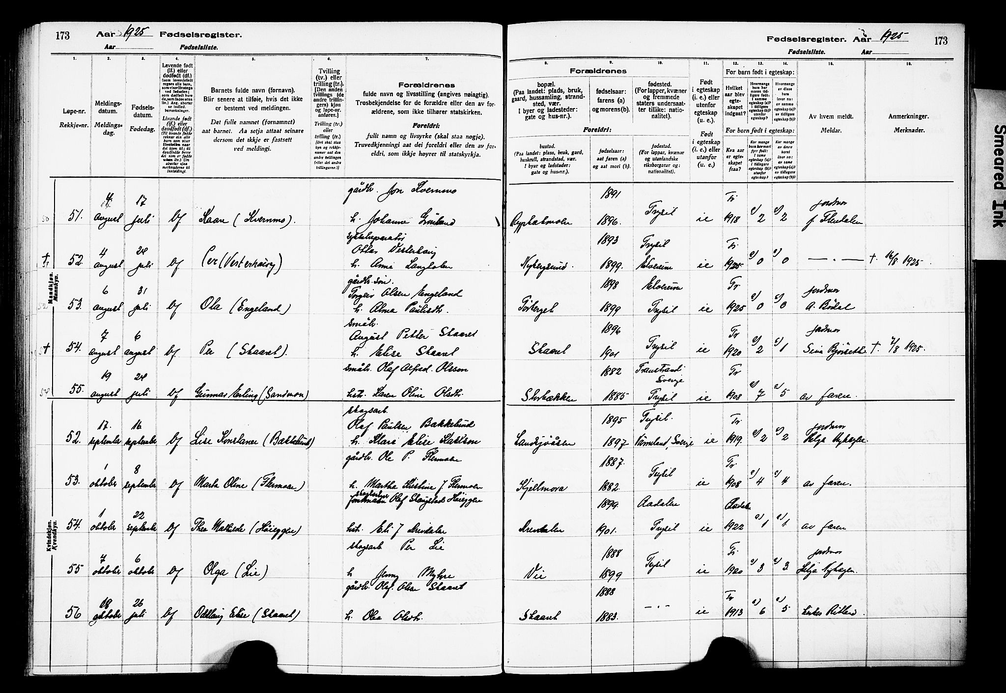 Trysil prestekontor, AV/SAH-PREST-046/I/Id/Ida/L0001: Birth register no. I 1, 1916-1927, p. 173