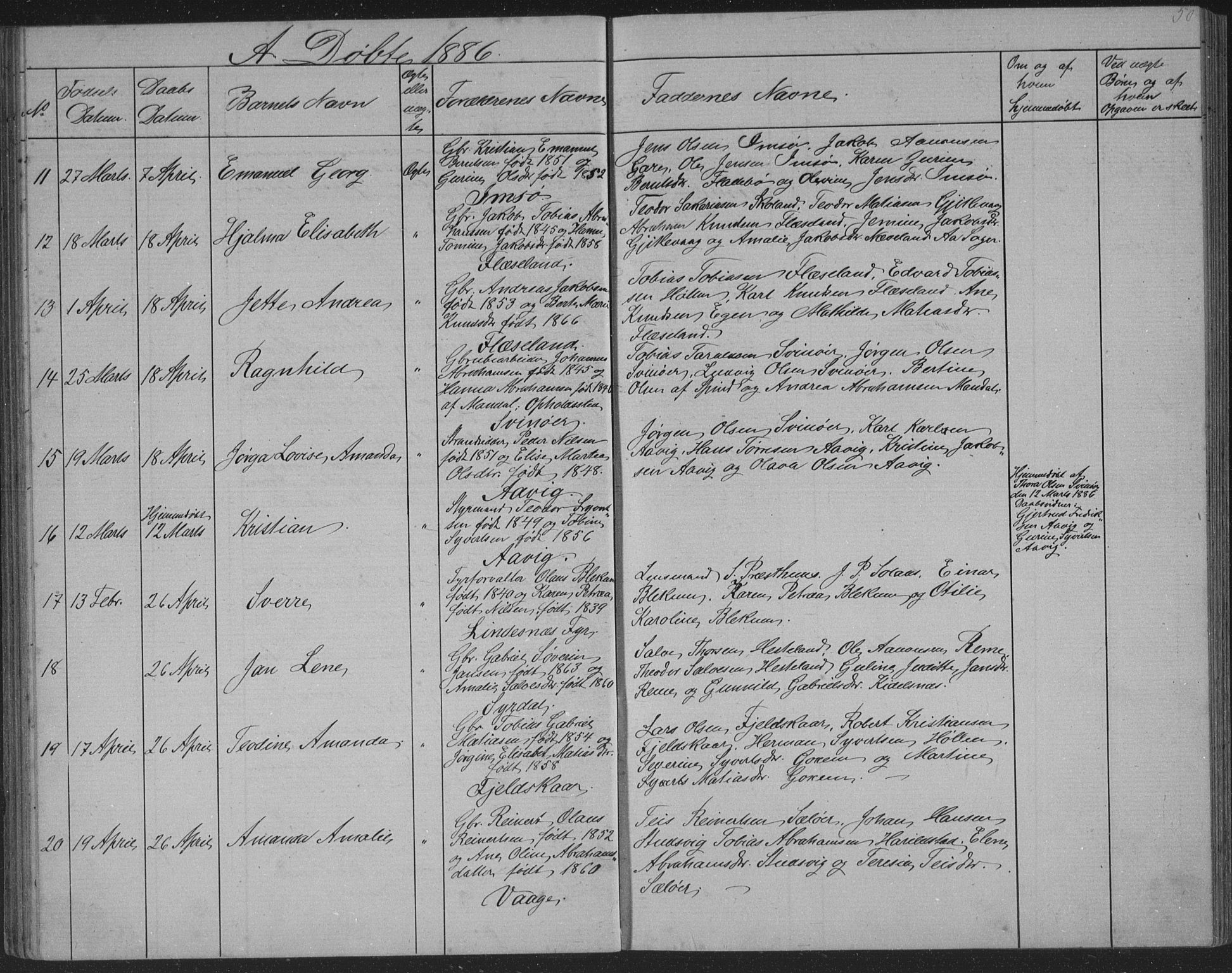 Sør-Audnedal sokneprestkontor, SAK/1111-0039/F/Fb/Fba/L0003: Parish register (copy) no. B 3, 1879-1893, p. 50