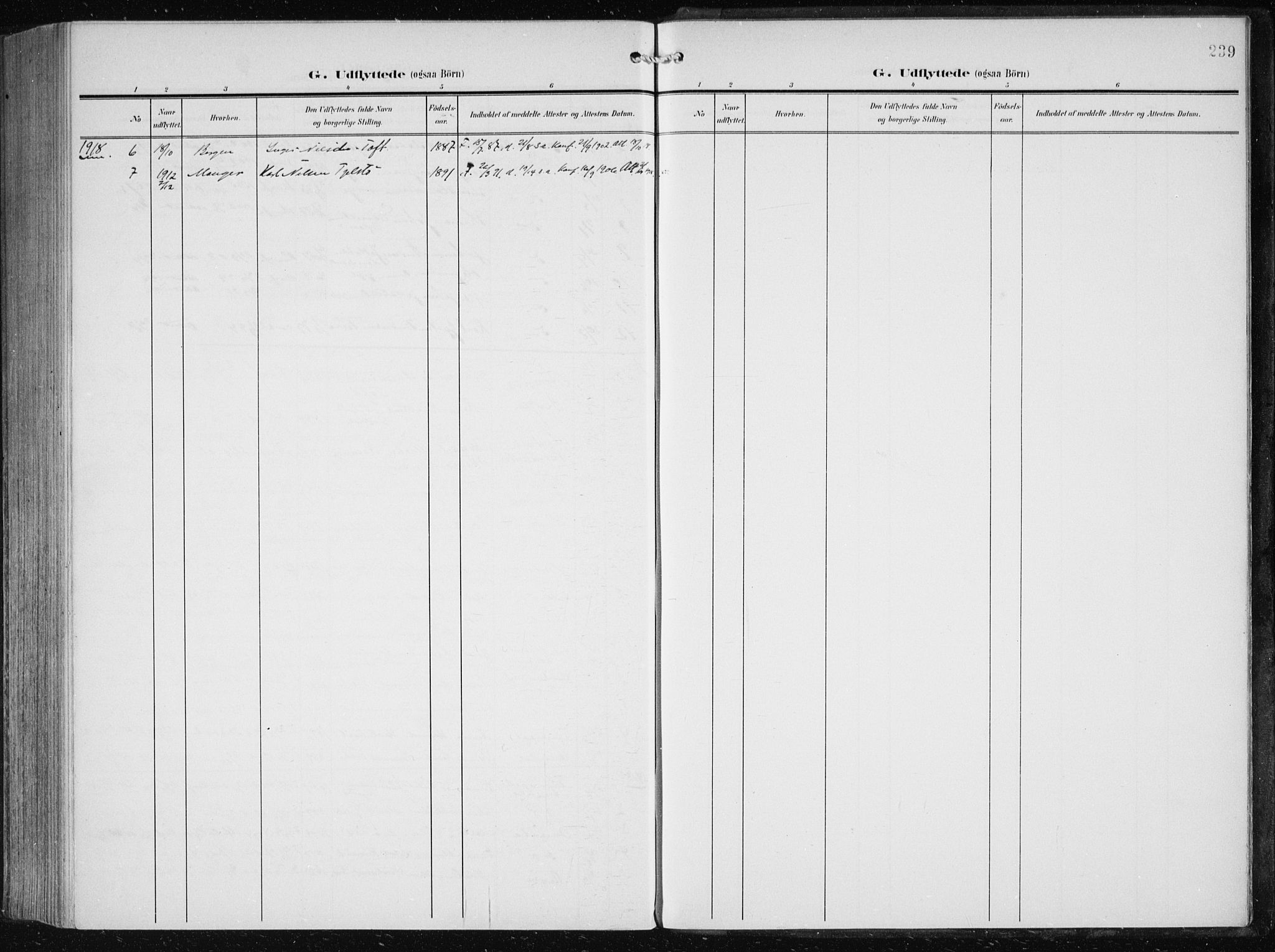 Herdla Sokneprestembete, SAB/A-75701/H/Haa: Parish register (official) no. A 5, 1905-1918, p. 239