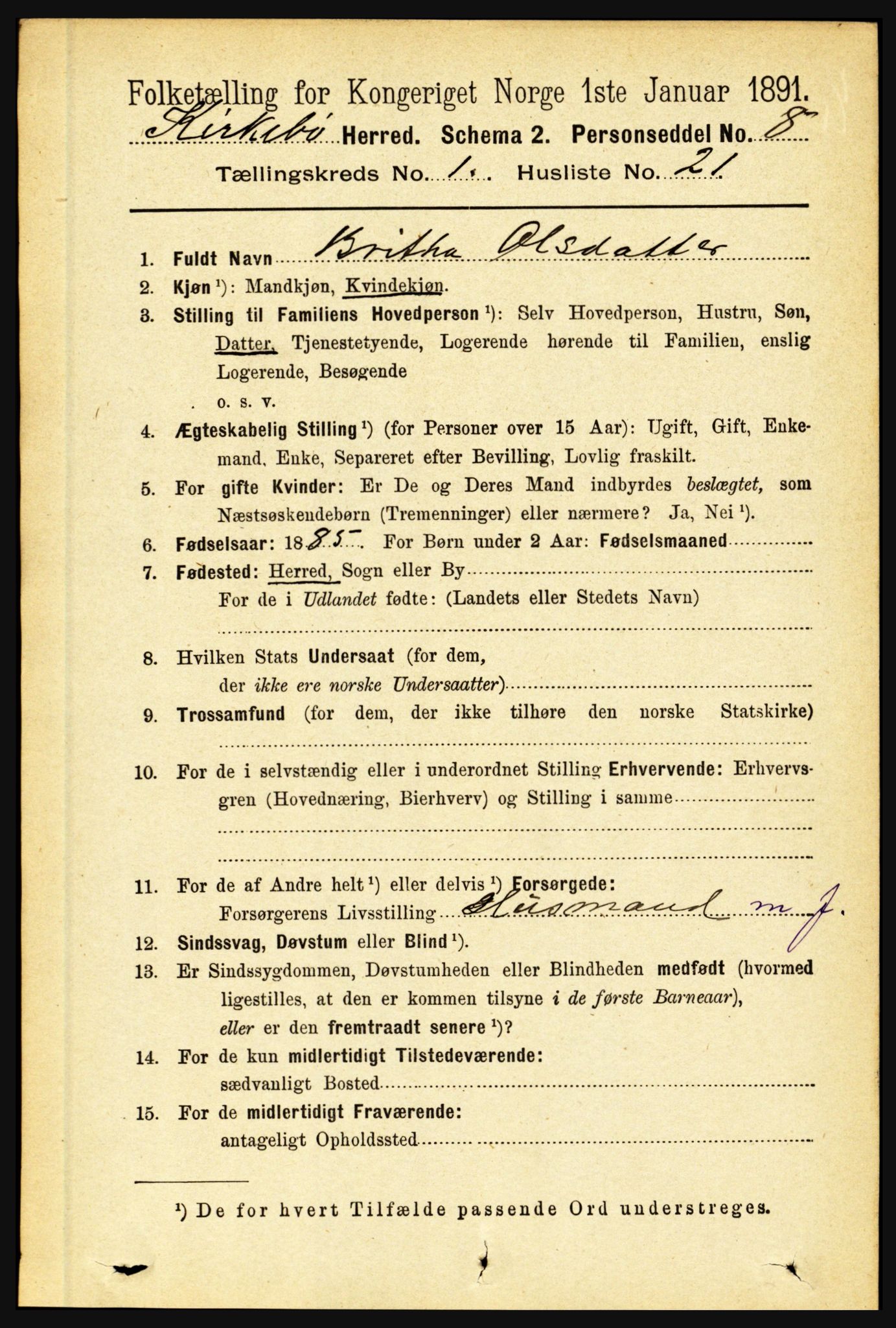 RA, 1891 census for 1416 Kyrkjebø, 1891, p. 190