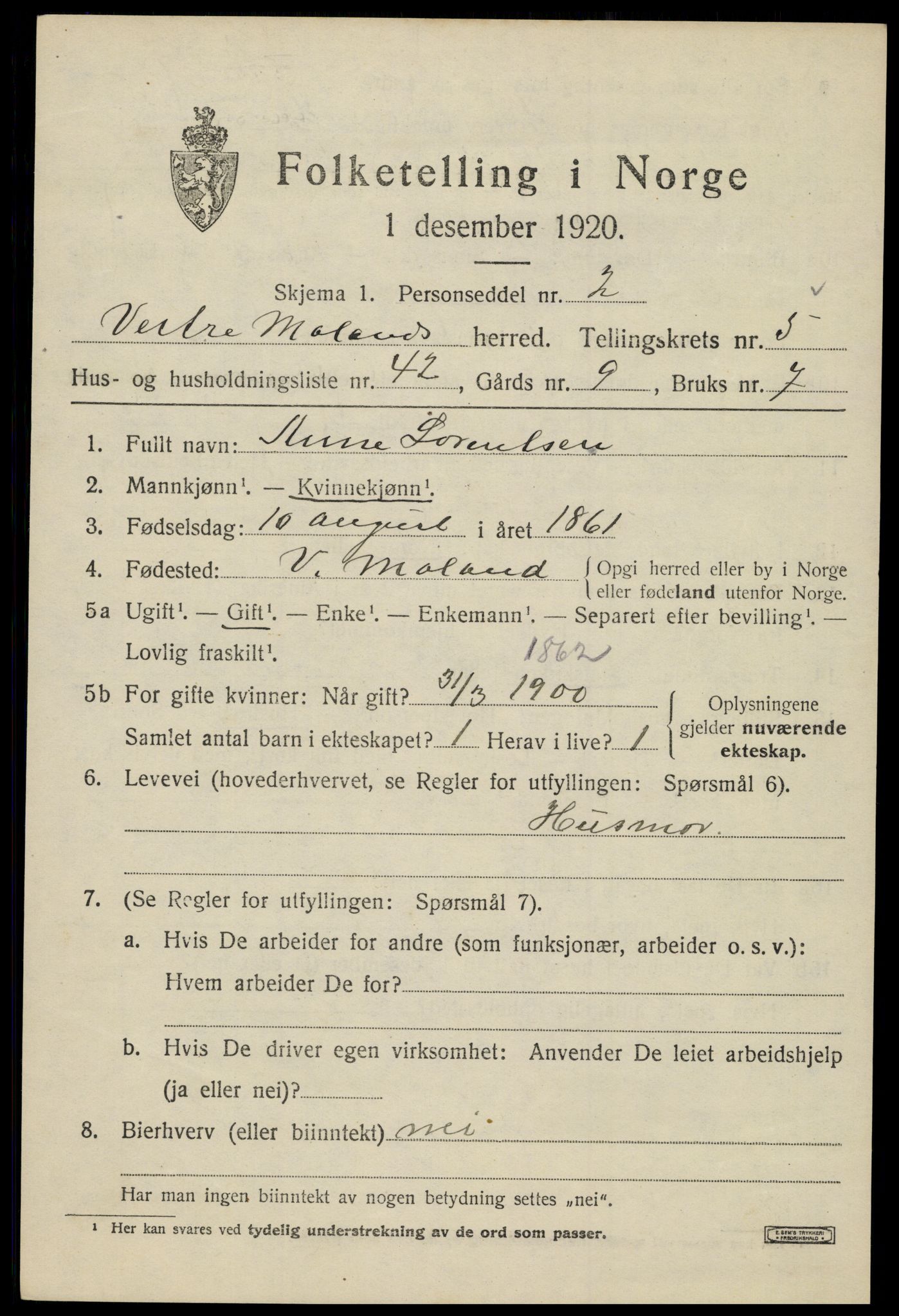 SAK, 1920 census for Vestre Moland, 1920, p. 4163