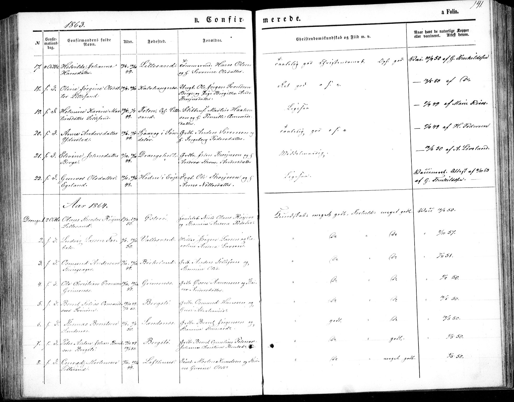 Vestre Moland sokneprestkontor, SAK/1111-0046/F/Fb/Fbb/L0004: Parish register (copy) no. B 4, 1861-1872, p. 141