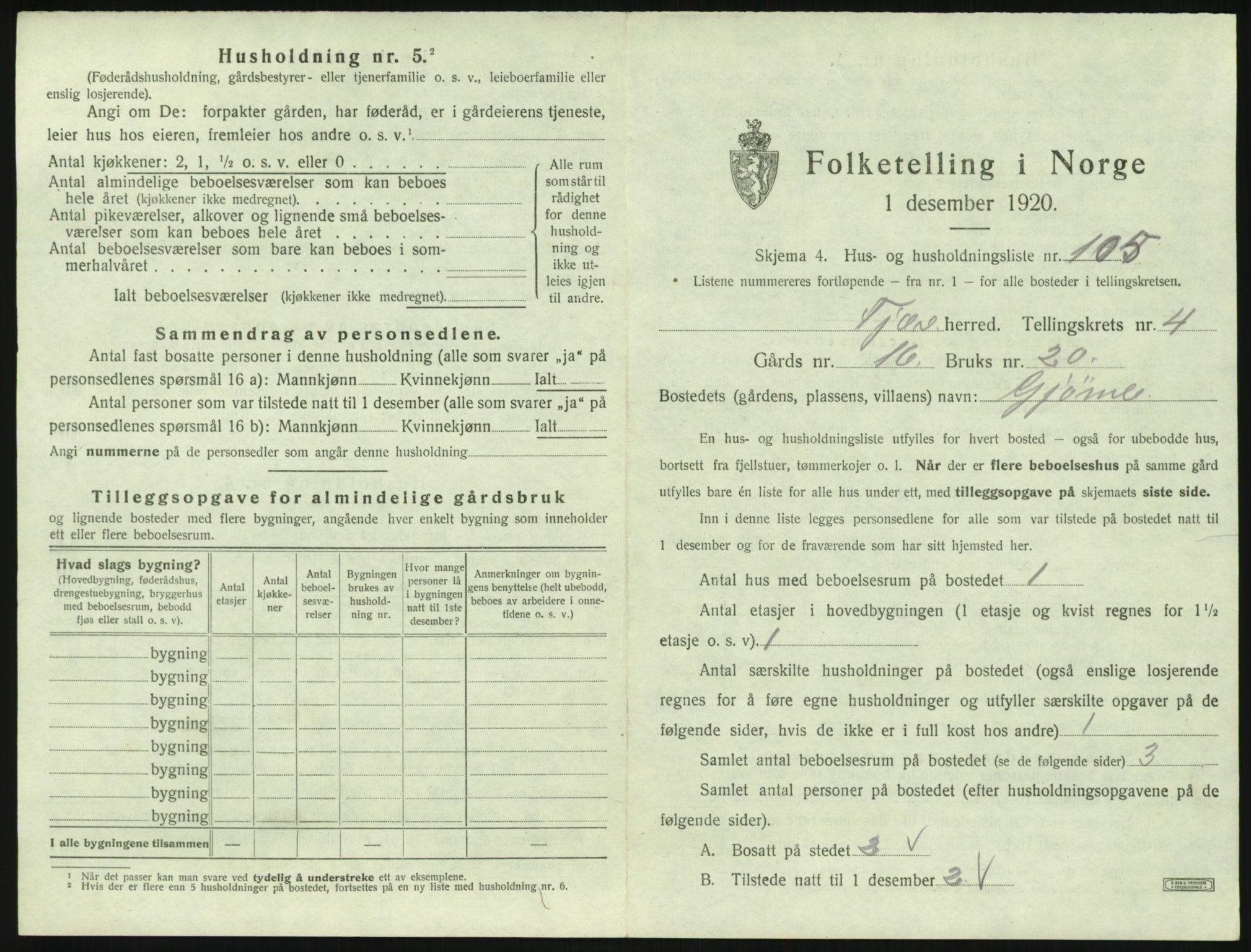 SAK, 1920 census for Fjære, 1920, p. 1005