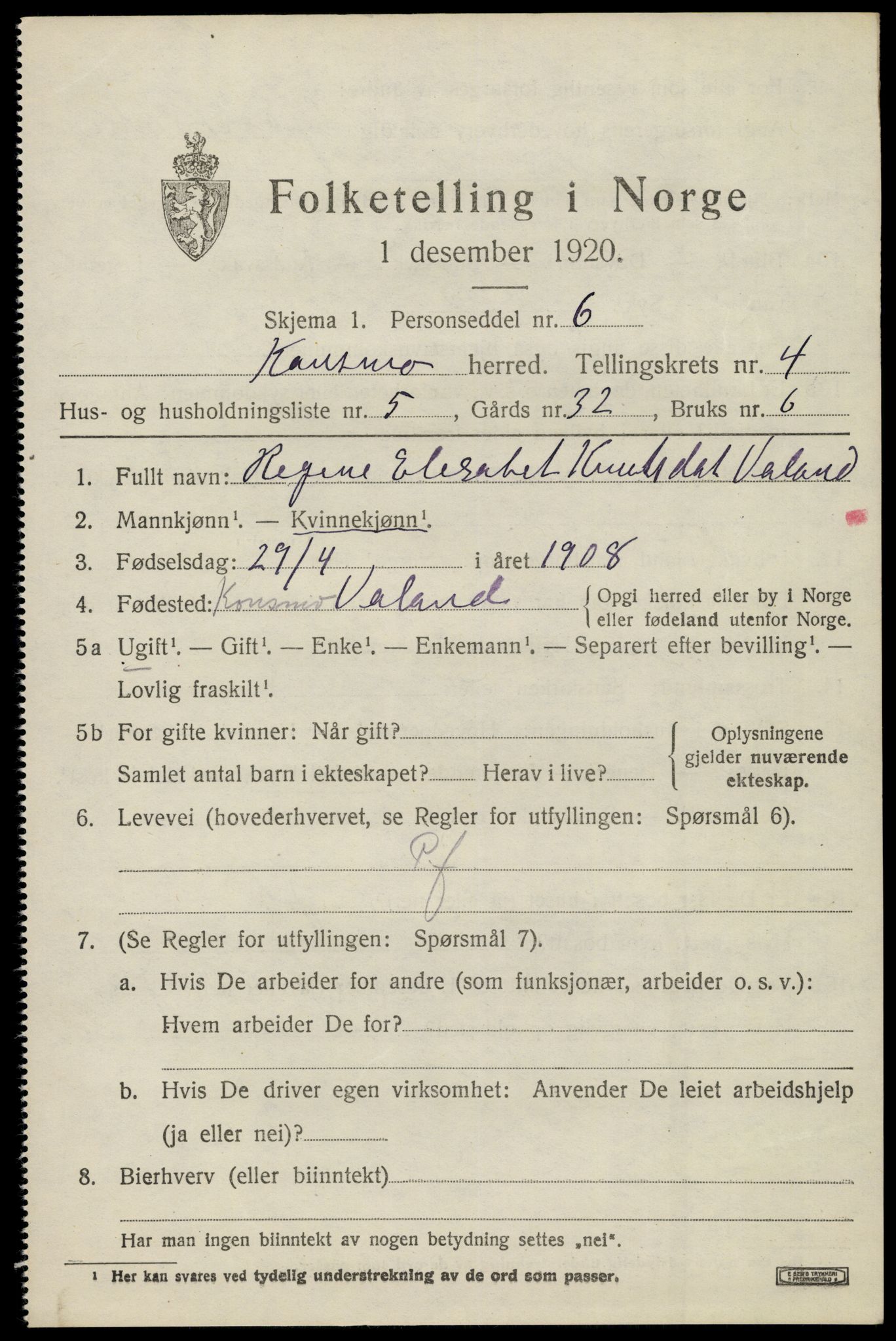 SAK, 1920 census for Konsmo, 1920, p. 1244