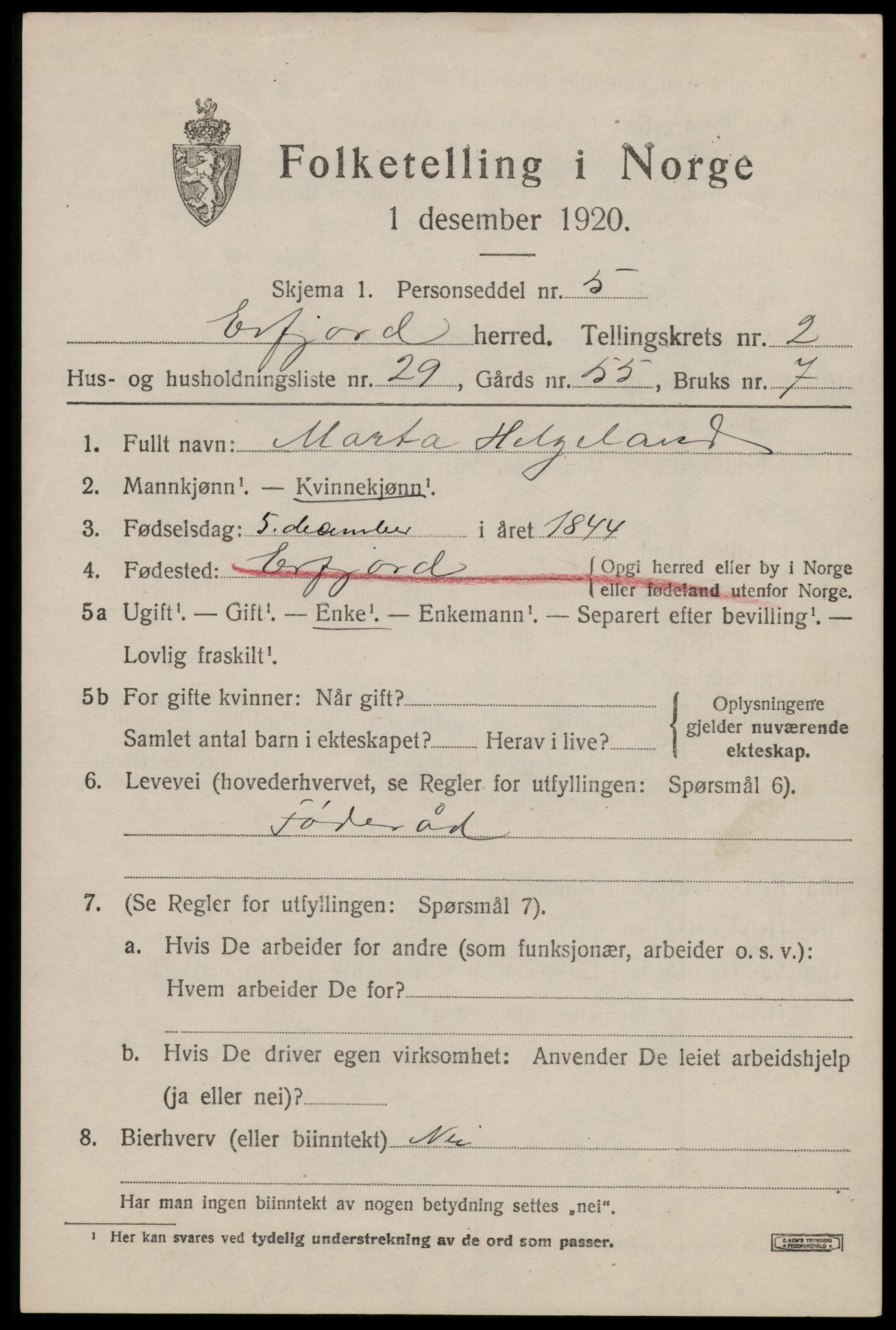 SAST, 1920 census for Erfjord, 1920, p. 953