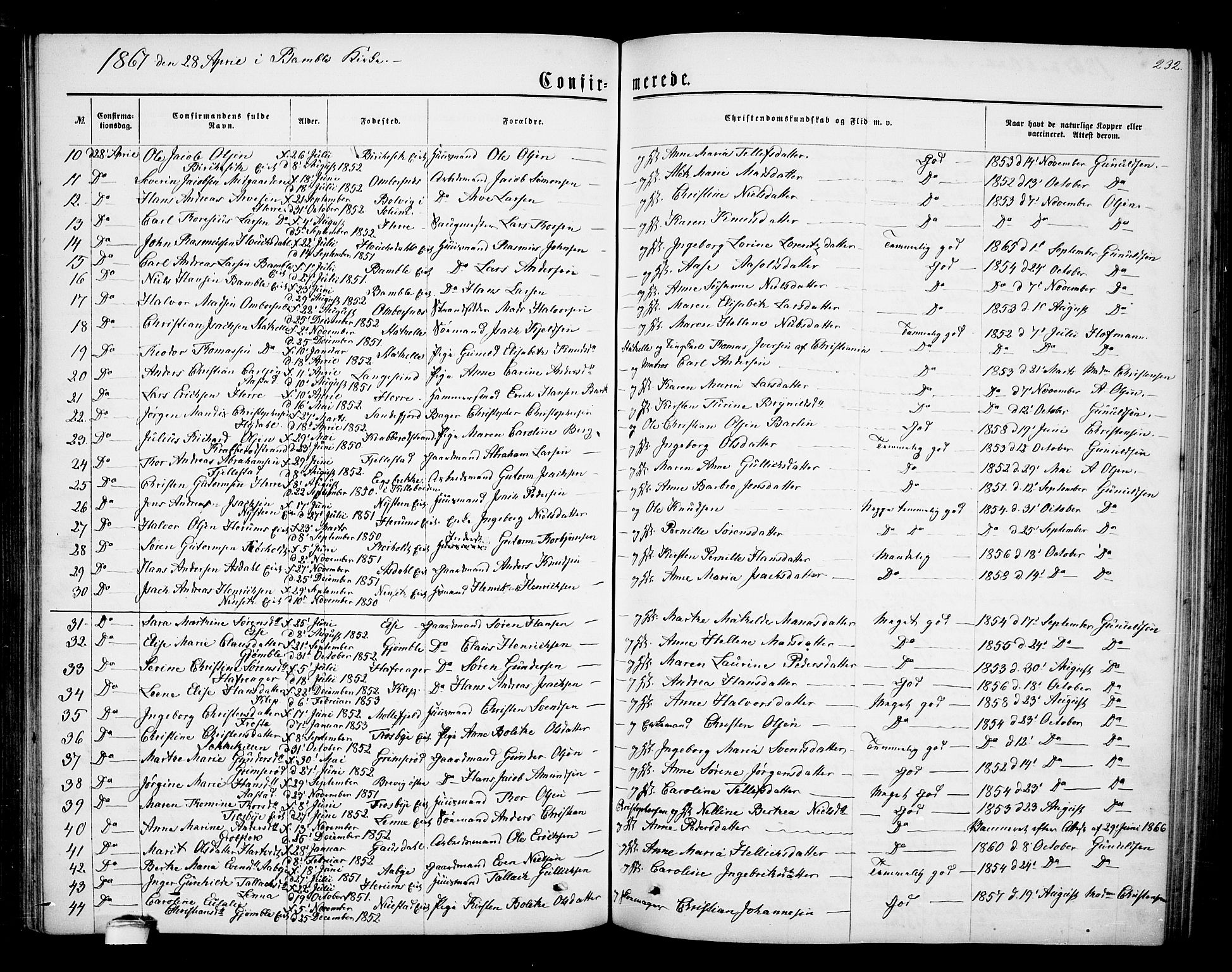 Bamble kirkebøker, AV/SAKO-A-253/G/Ga/L0006: Parish register (copy) no. I 6, 1860-1876, p. 232