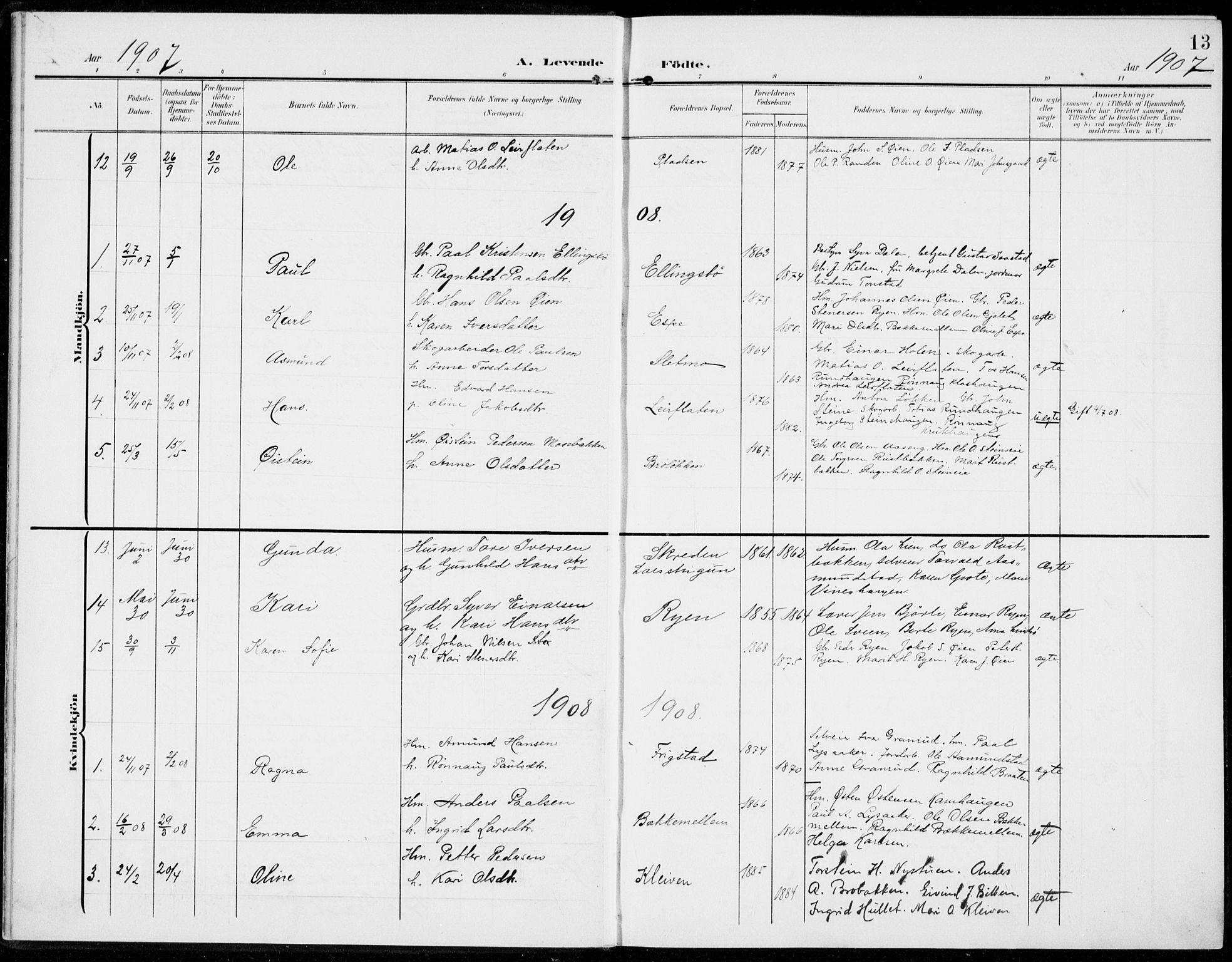 Sel prestekontor, AV/SAH-PREST-074/H/Ha/Haa/L0001: Parish register (official) no. 1, 1905-1922, p. 13