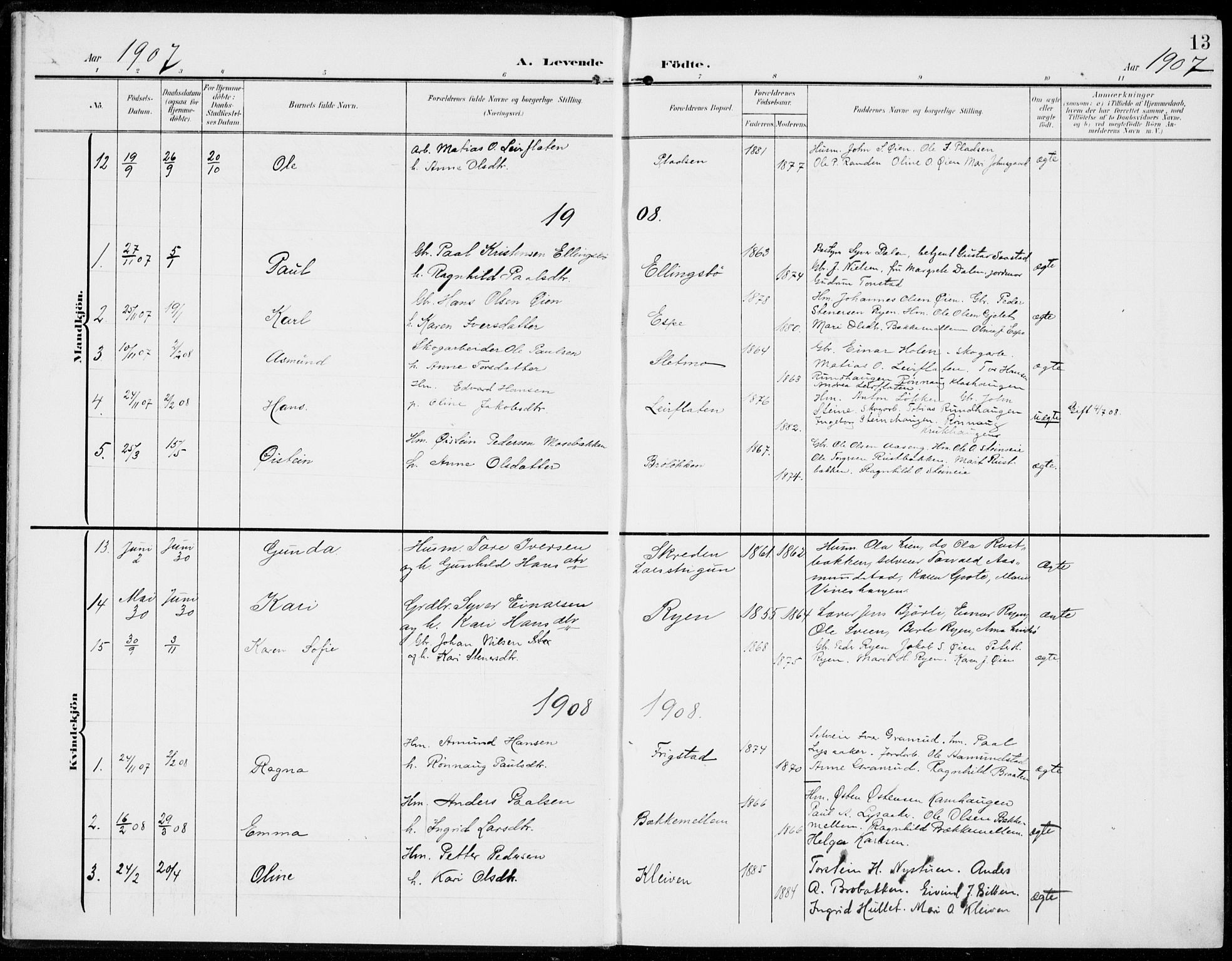 Sel prestekontor, SAH/PREST-074/H/Ha/Haa/L0001: Parish register (official) no. 1, 1905-1922, p. 13