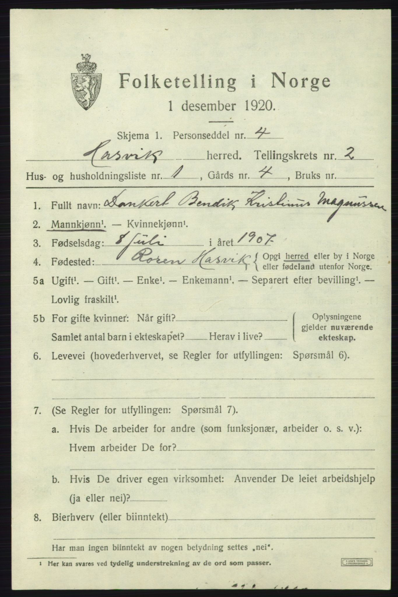 SATØ, 1920 census for Hasvik, 1920, p. 985