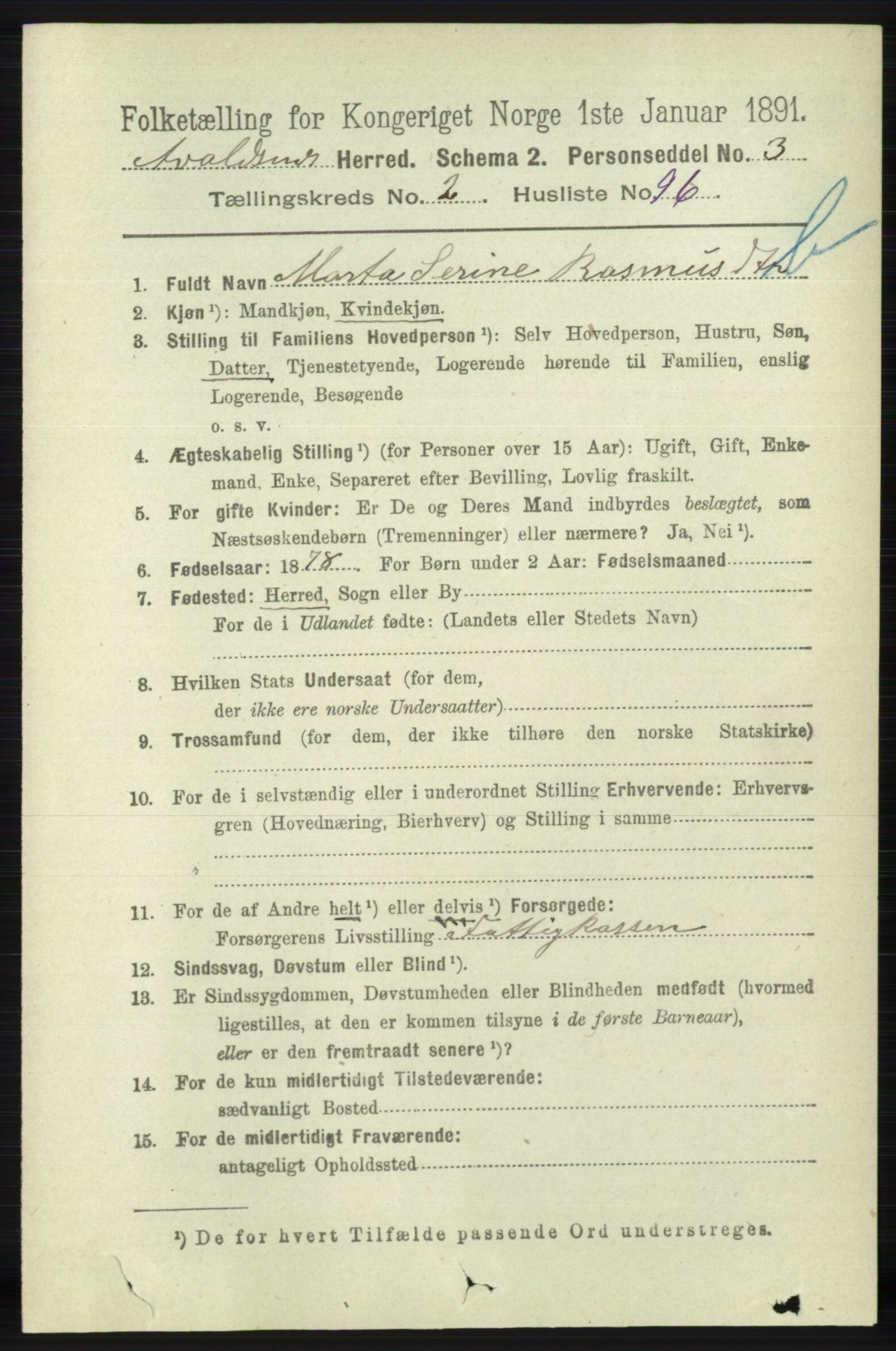RA, 1891 census for 1147 Avaldsnes, 1891, p. 2494