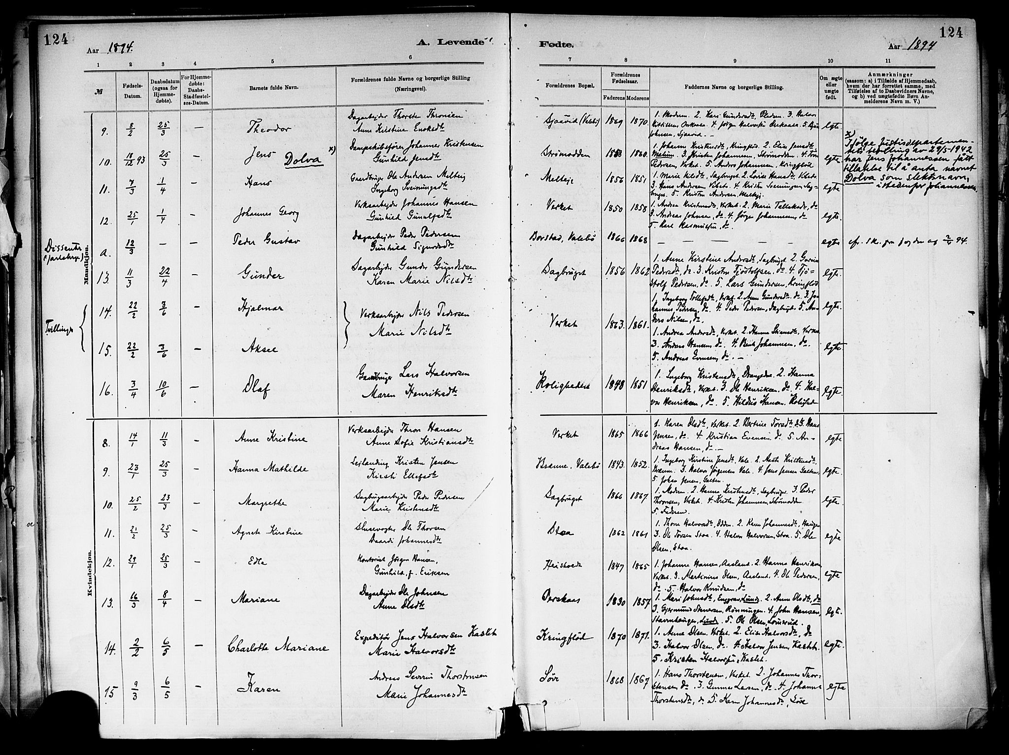 Holla kirkebøker, SAKO/A-272/F/Fa/L0008: Parish register (official) no. 8, 1882-1897, p. 124