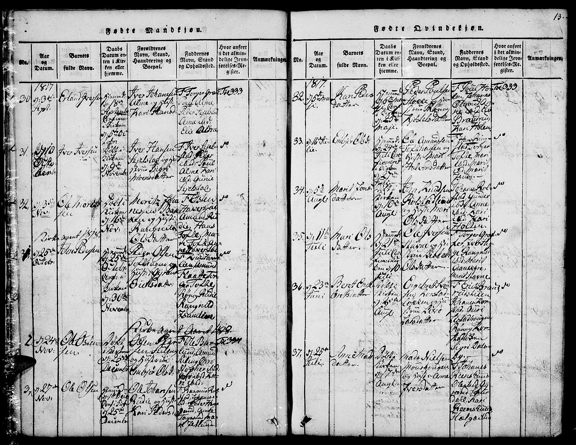 Fron prestekontor, AV/SAH-PREST-078/H/Ha/Hab/L0001: Parish register (copy) no. 1, 1816-1843, p. 13