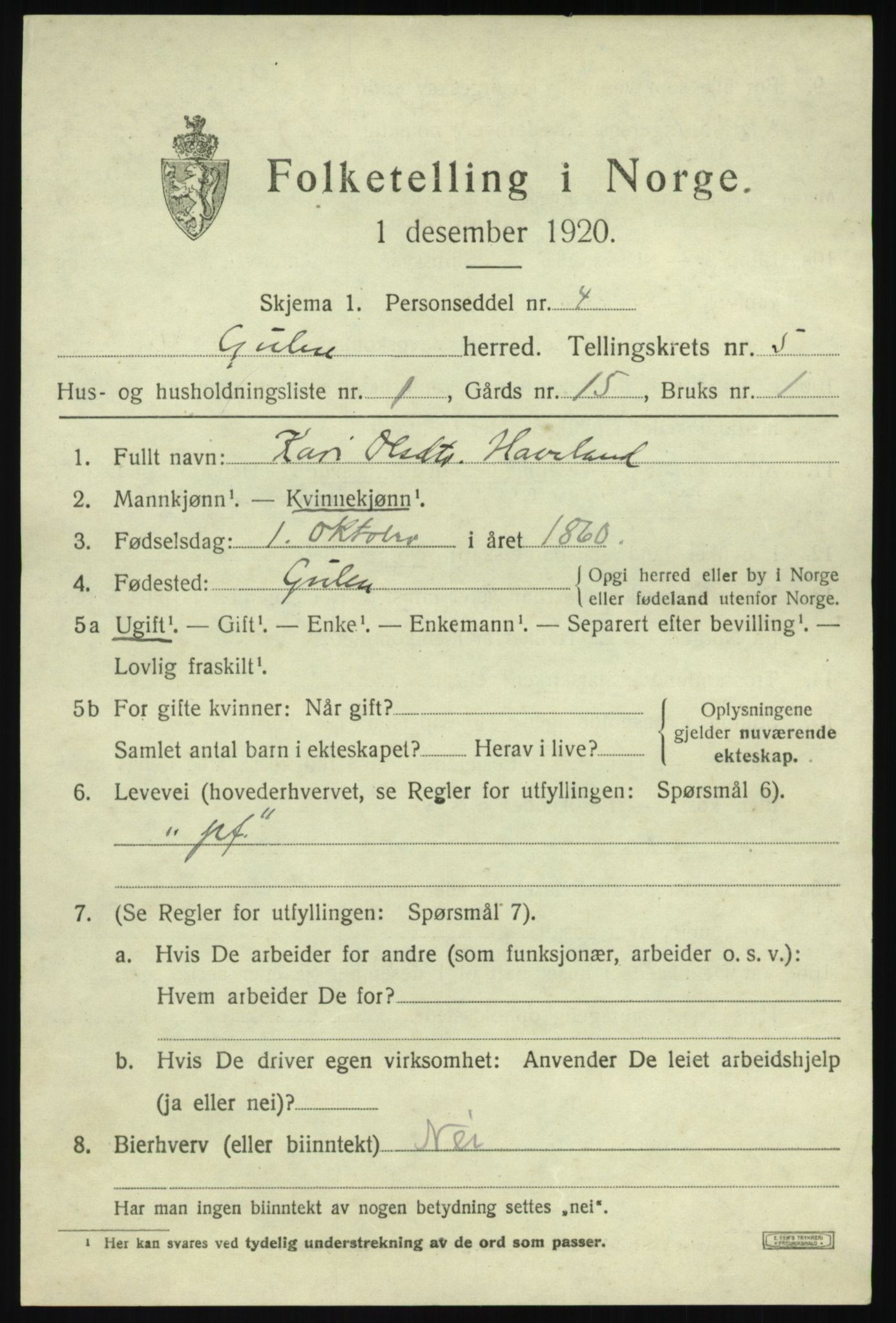 SAB, 1920 census for Gulen, 1920, p. 2101