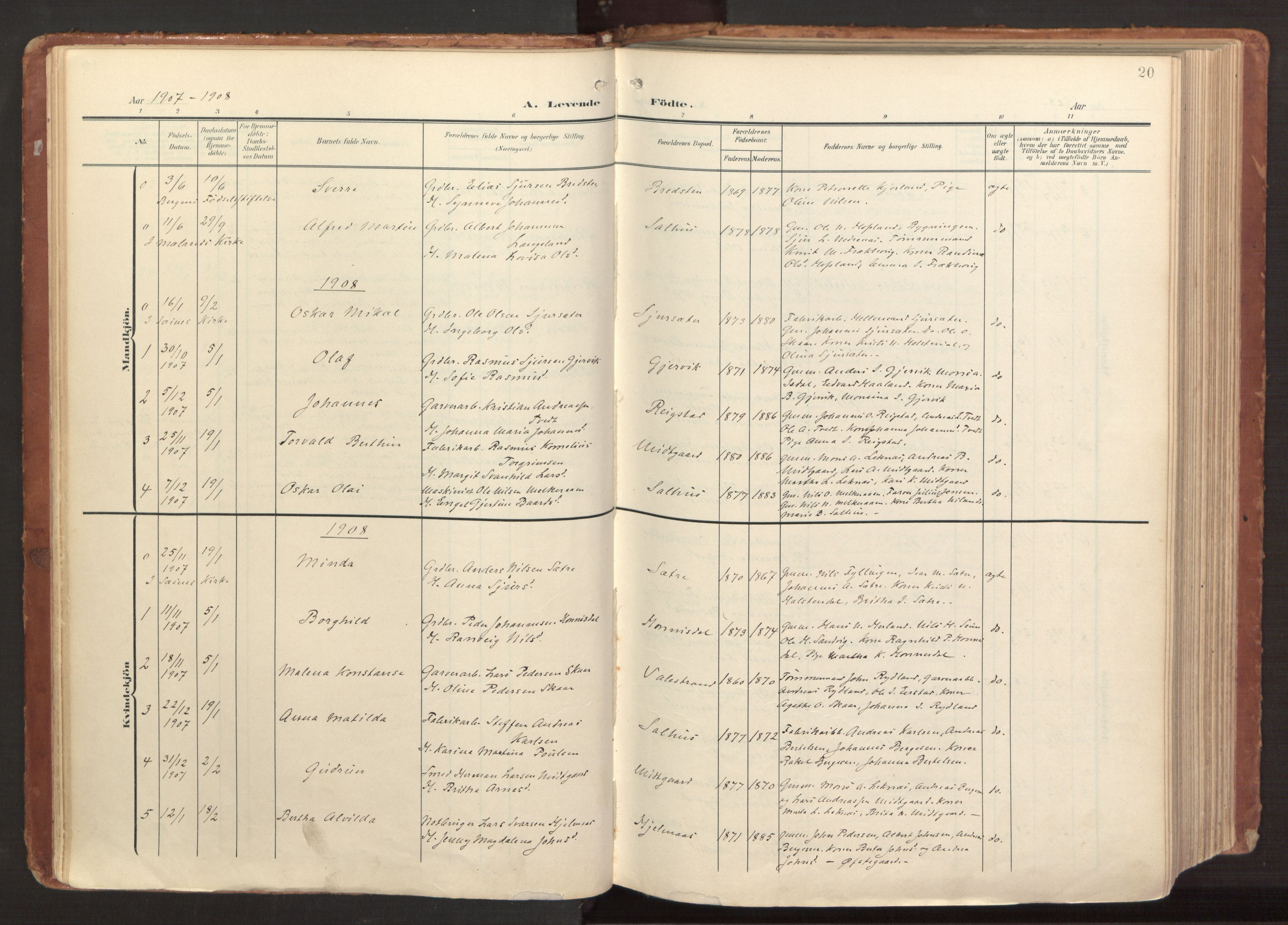 Hamre sokneprestembete, AV/SAB-A-75501/H/Ha/Haa/Haab/L0002: Parish register (official) no. B 2, 1905-1924, p. 20