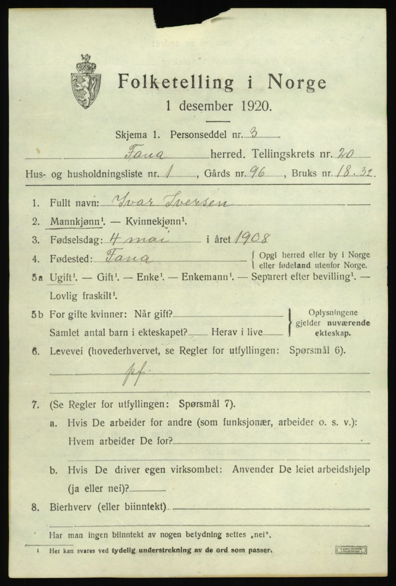 SAB, 1920 census for Fana, 1920, p. 23813