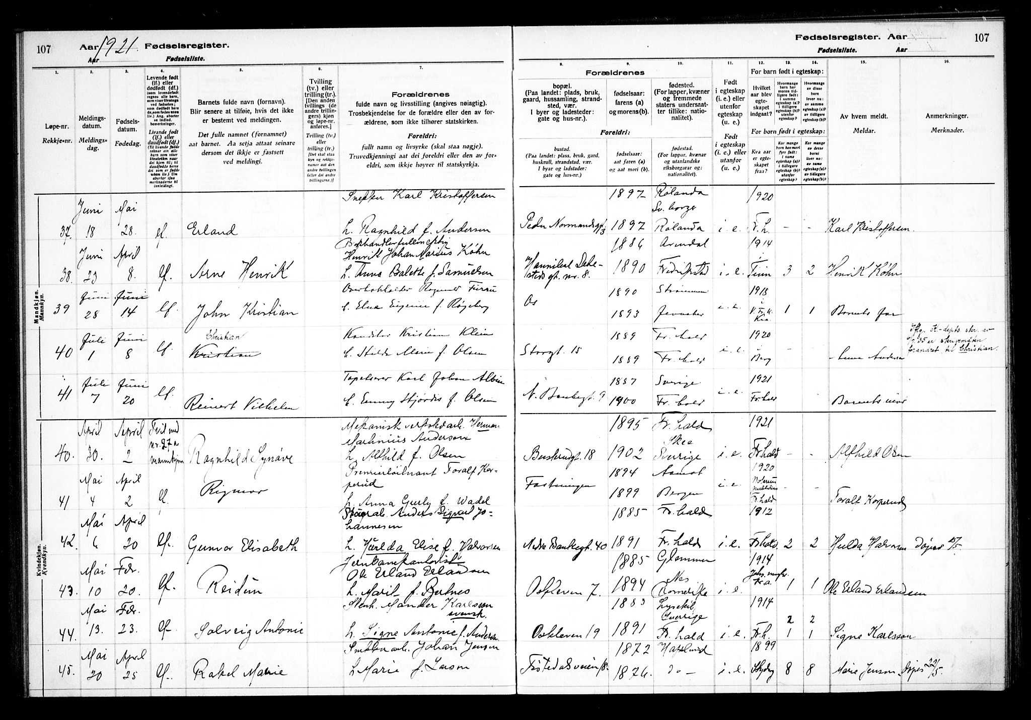 Halden prestekontor Kirkebøker, AV/SAO-A-10909/J/Ja/L0001: Birth register no. I 1, 1916-1925, p. 107