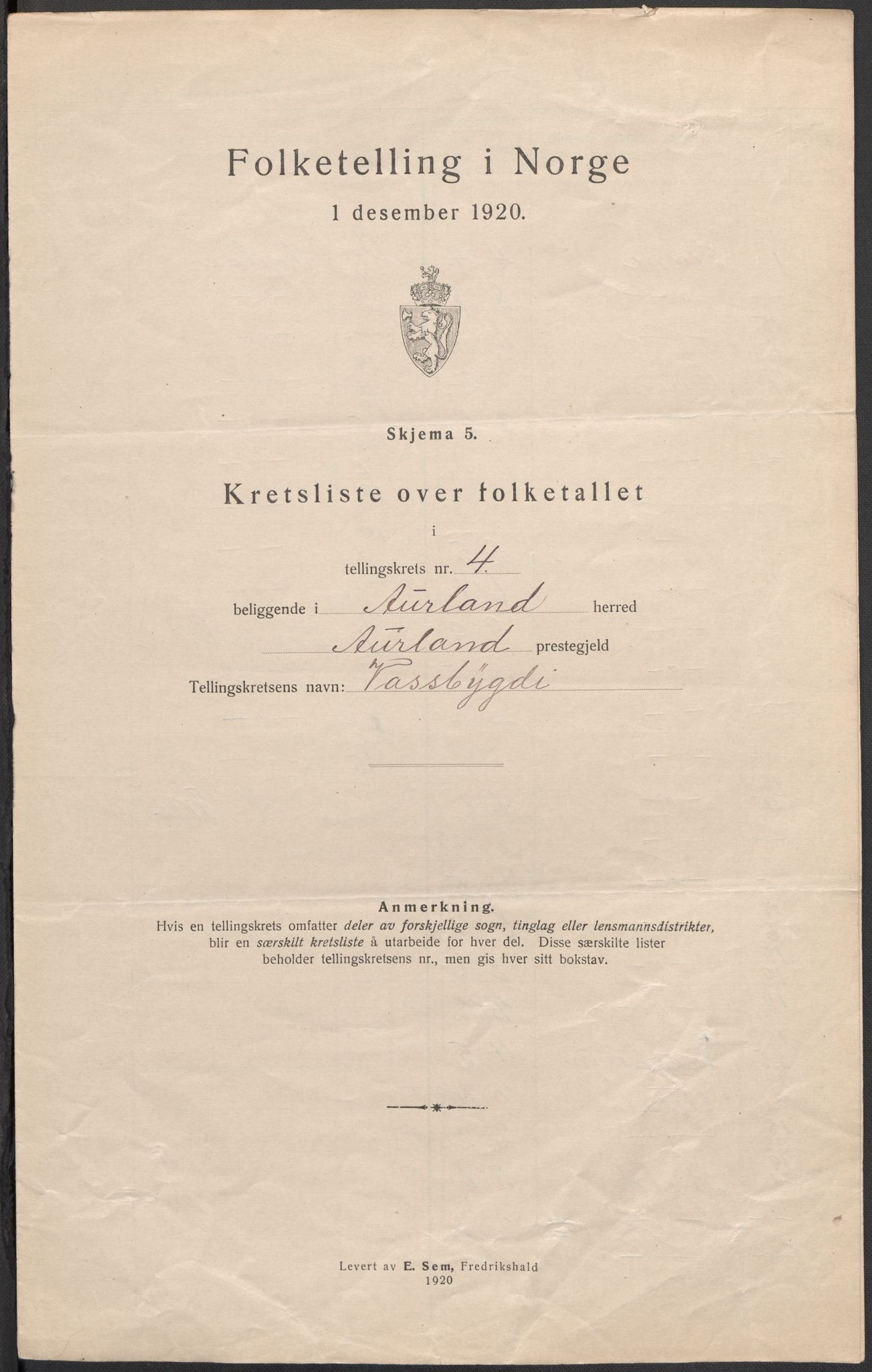 SAB, 1920 census for Aurland, 1920, p. 14