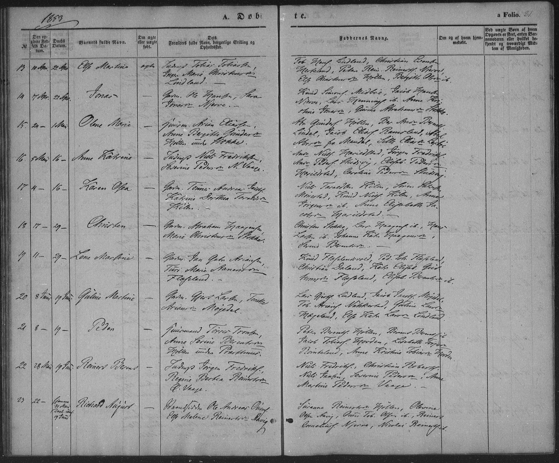 Sør-Audnedal sokneprestkontor, AV/SAK-1111-0039/F/Fa/Faa/L0002: Parish register (official) no. A 2, 1848-1867, p. 21