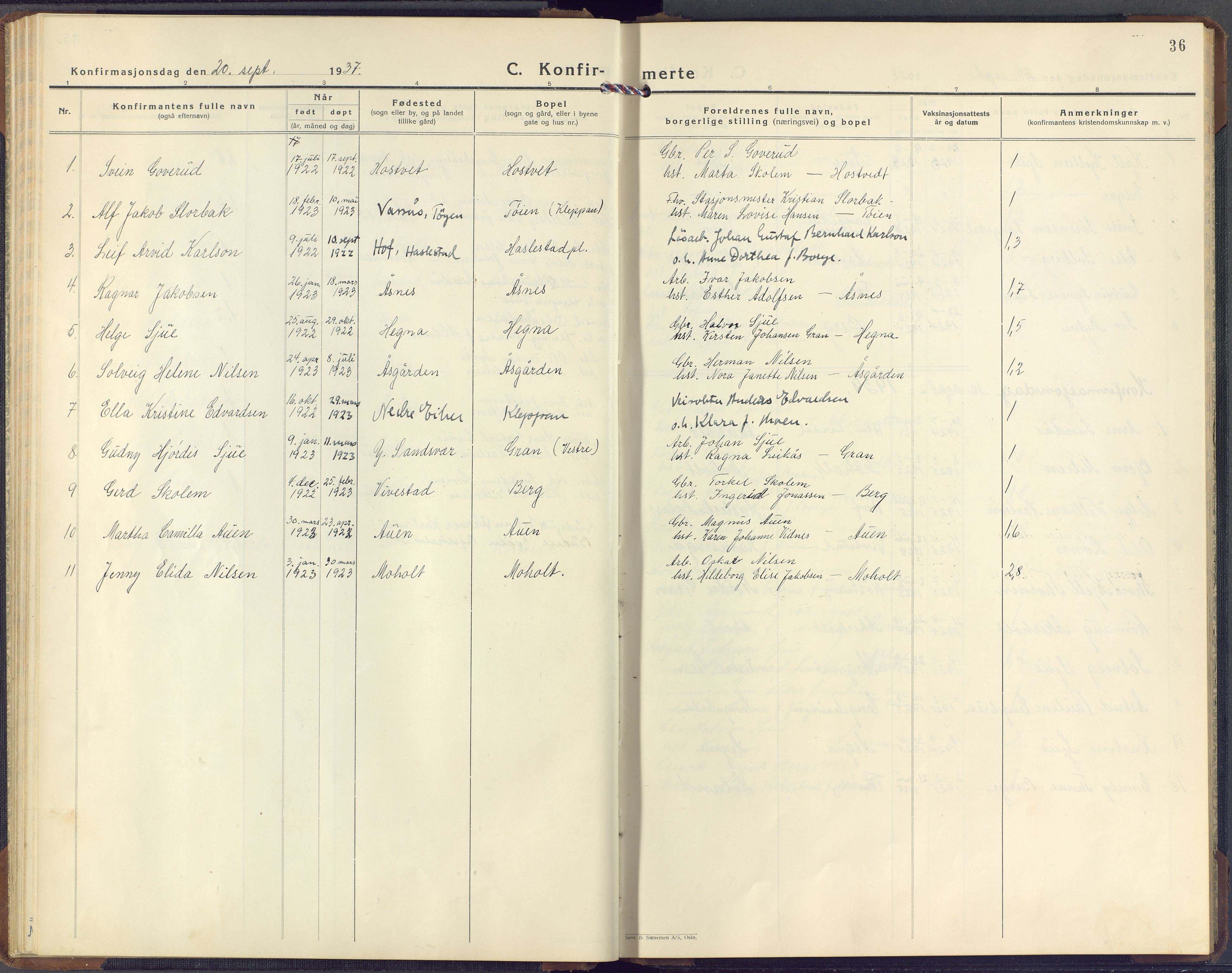 Hof kirkebøker, AV/SAKO-A-64/F/Fb/L0002: Parish register (official) no. II 2, 1932-1959, p. 36