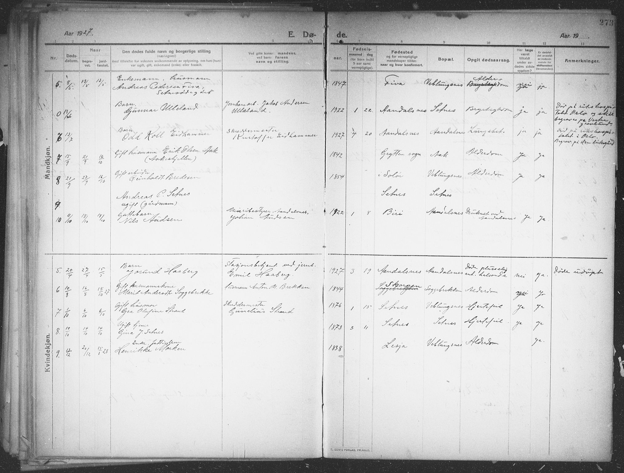 Ministerialprotokoller, klokkerbøker og fødselsregistre - Møre og Romsdal, AV/SAT-A-1454/544/L0581: Parish register (copy) no. 544C03, 1910-1937, p. 273