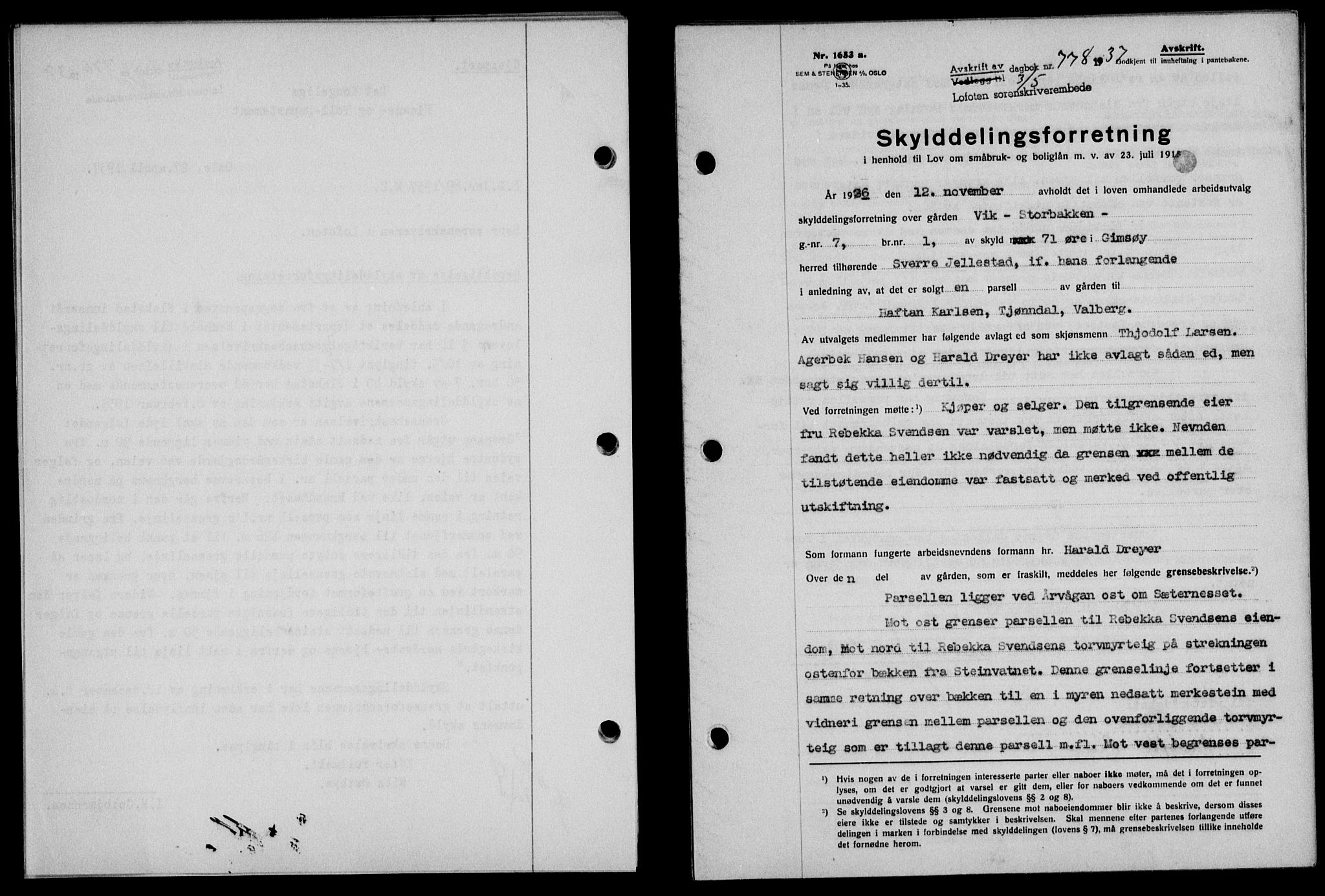 Lofoten sorenskriveri, SAT/A-0017/1/2/2C/L0002a: Mortgage book no. 2a, 1937-1937, Diary no: : 778/1937